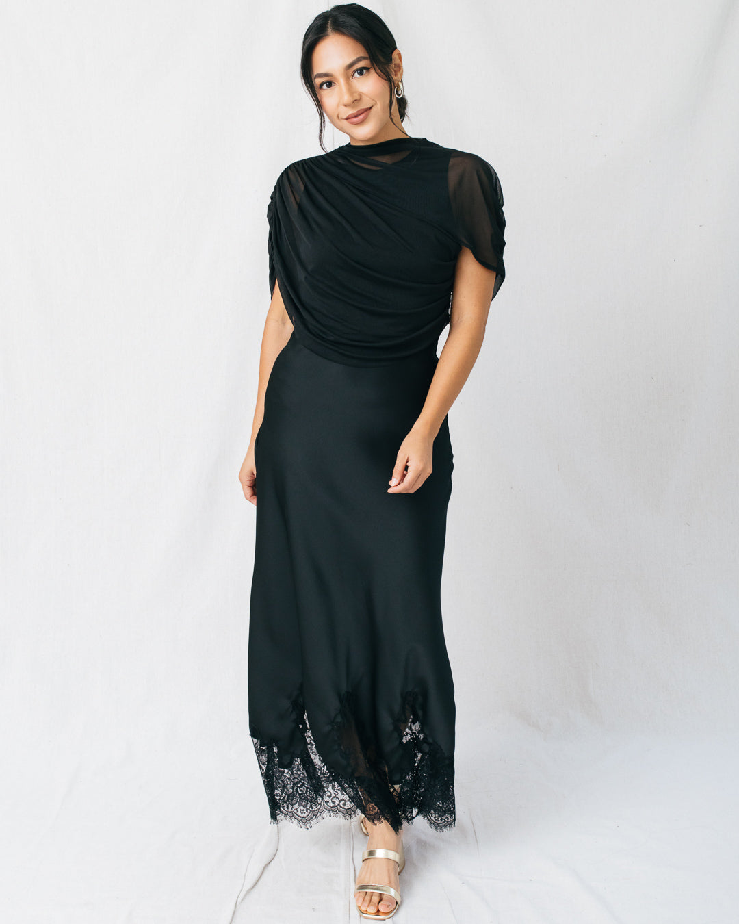 Marjorie Satin Lace Detail Midi Skirt