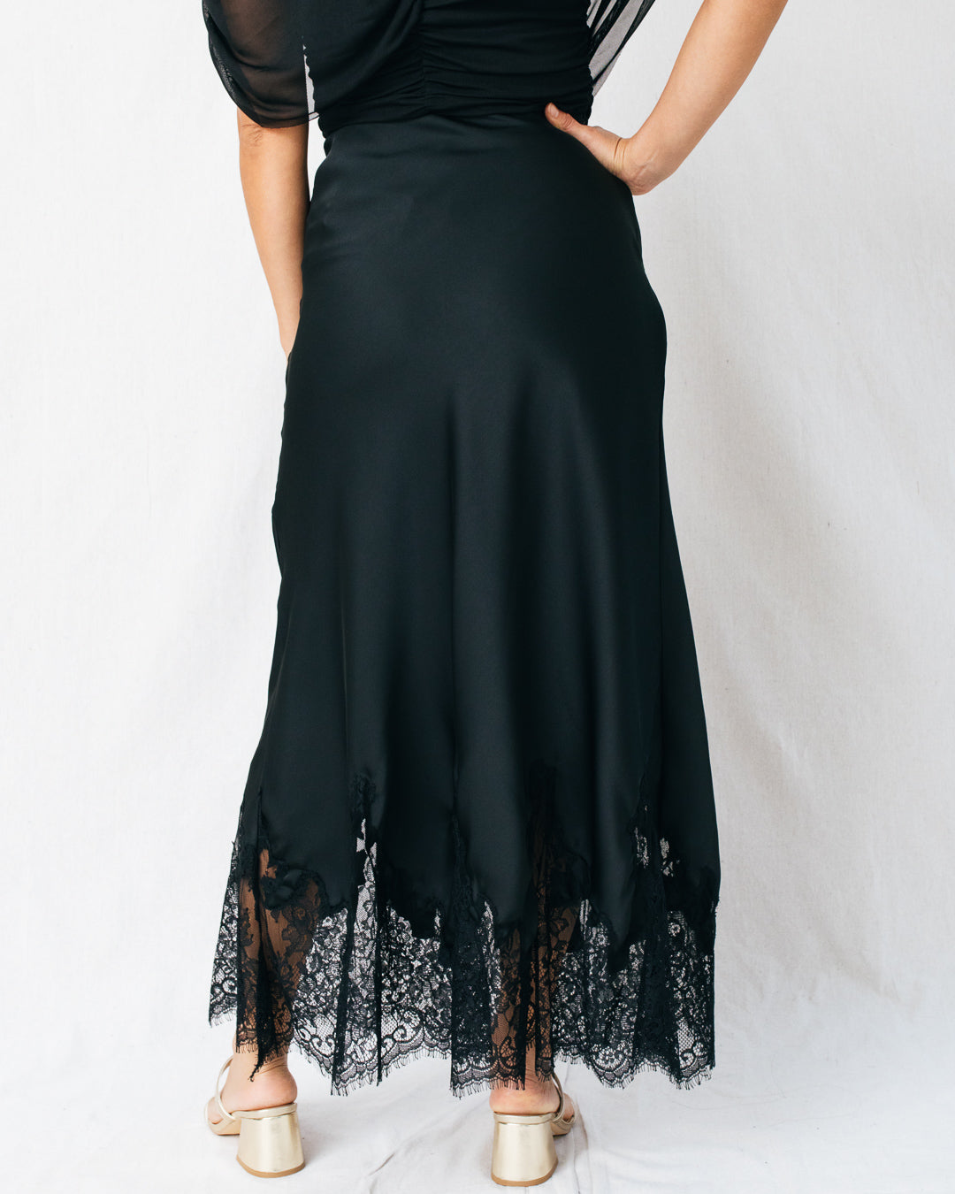 Marjorie Satin Lace Detail Midi Skirt