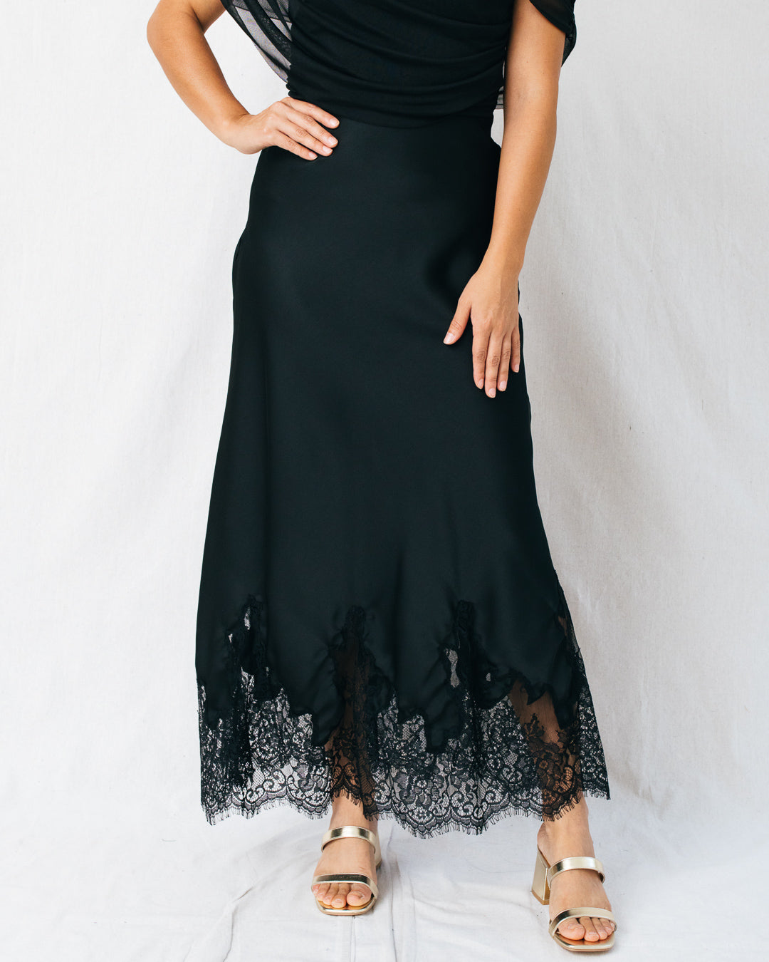 Marjorie Satin Lace Detail Midi Skirt
