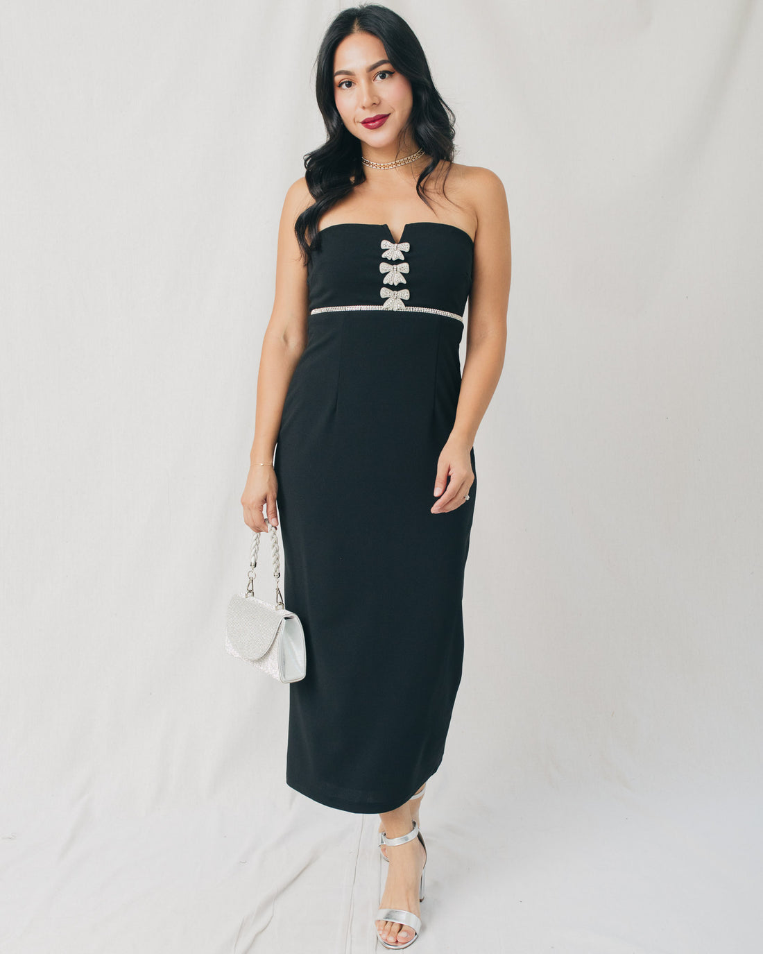 Janice Strapless Rhinestone Bow Midi Dress