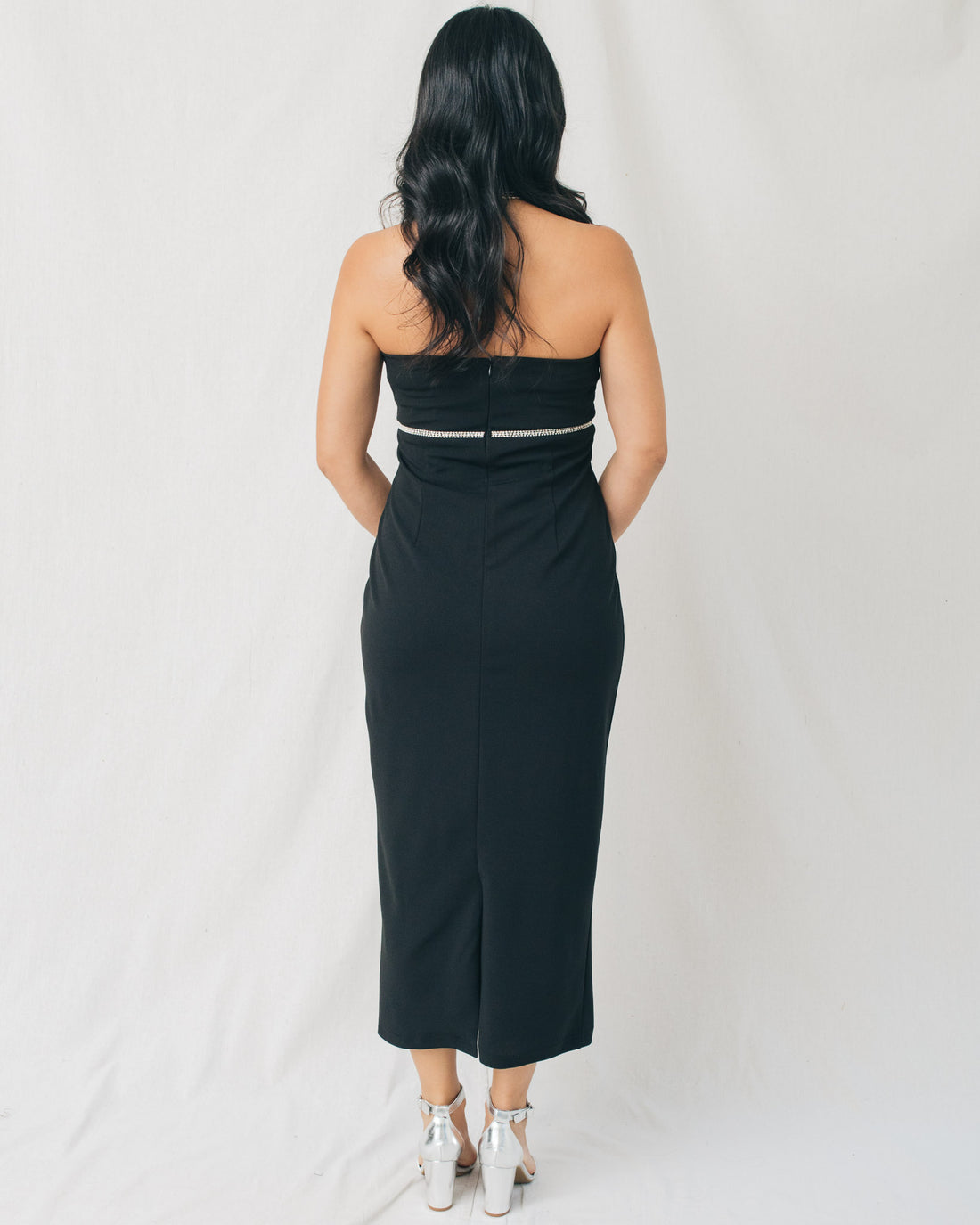 Janice Strapless Rhinestone Bow Midi Dress