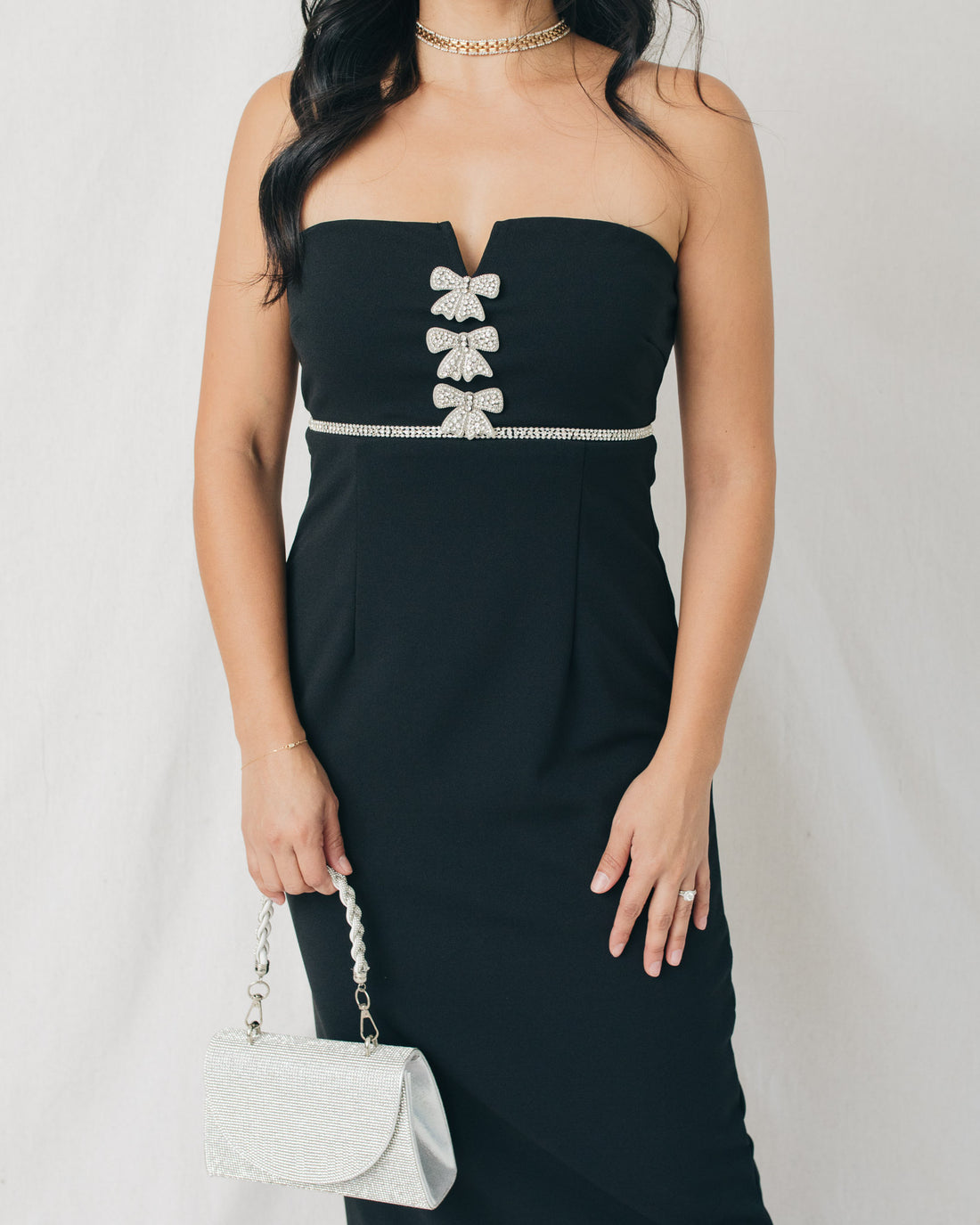 Janice Strapless Rhinestone Bow Midi Dress