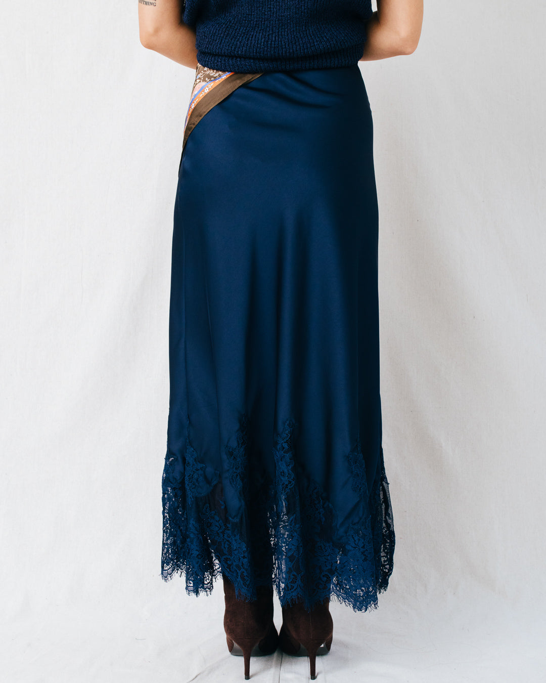Marjorie Satin Lace Detail Midi Skirt