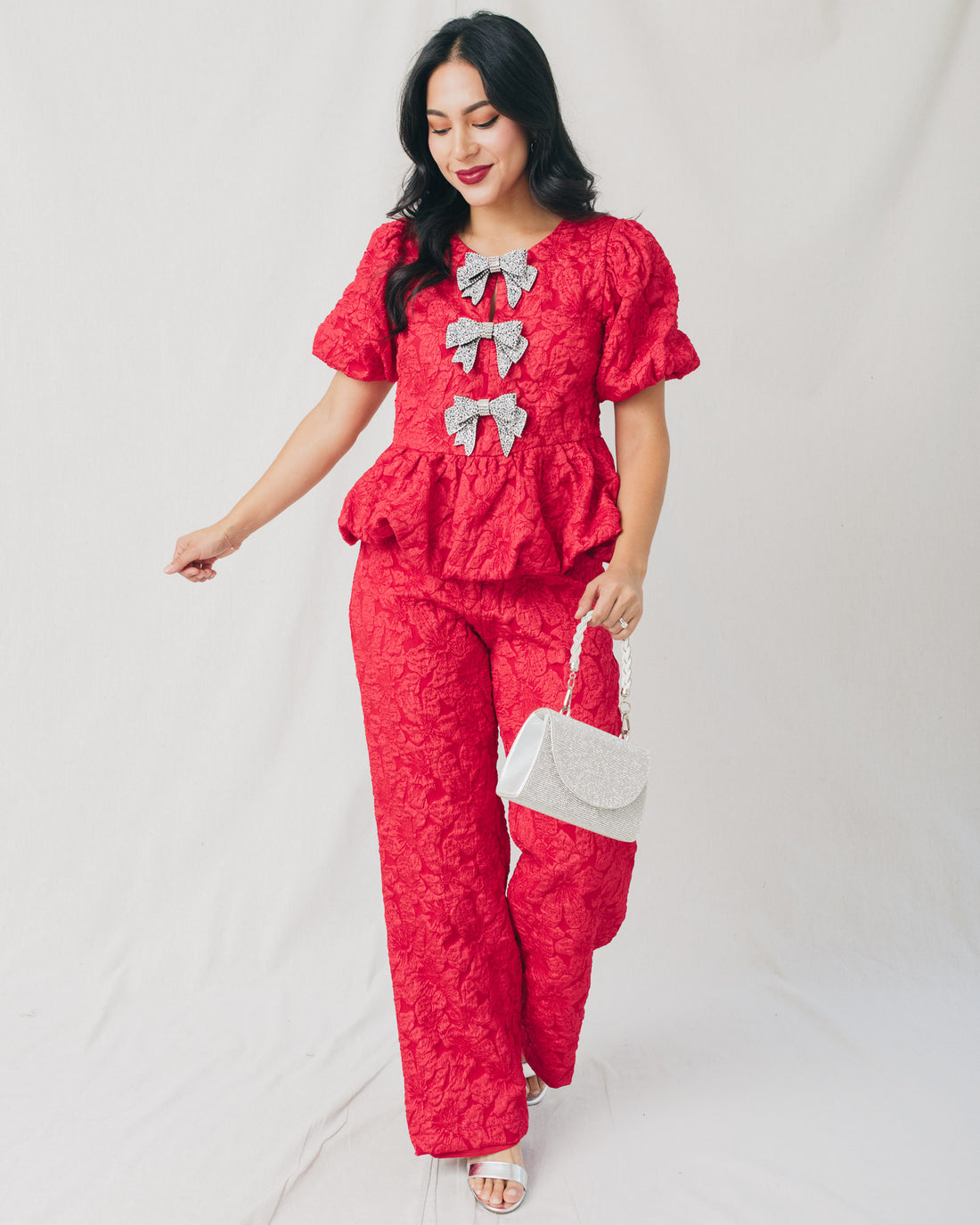 Arielle Jacquard Front Bow Peplum Top