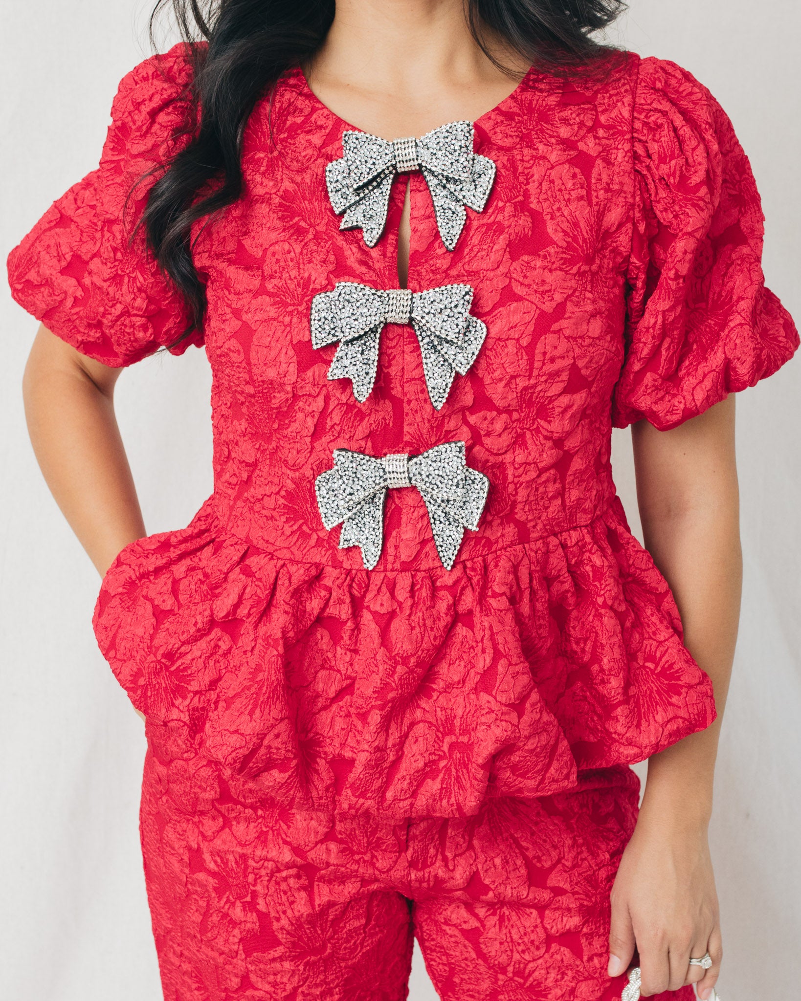 Arielle Jacquard Front Bow Peplum Top – Maven Womenswear