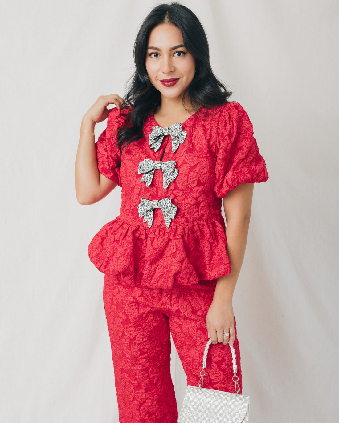 Arielle Jacquard Front Bow Peplum Top