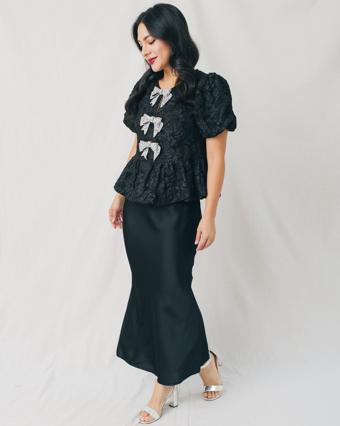 Arielle Jacquard Front Bow Peplum Top
