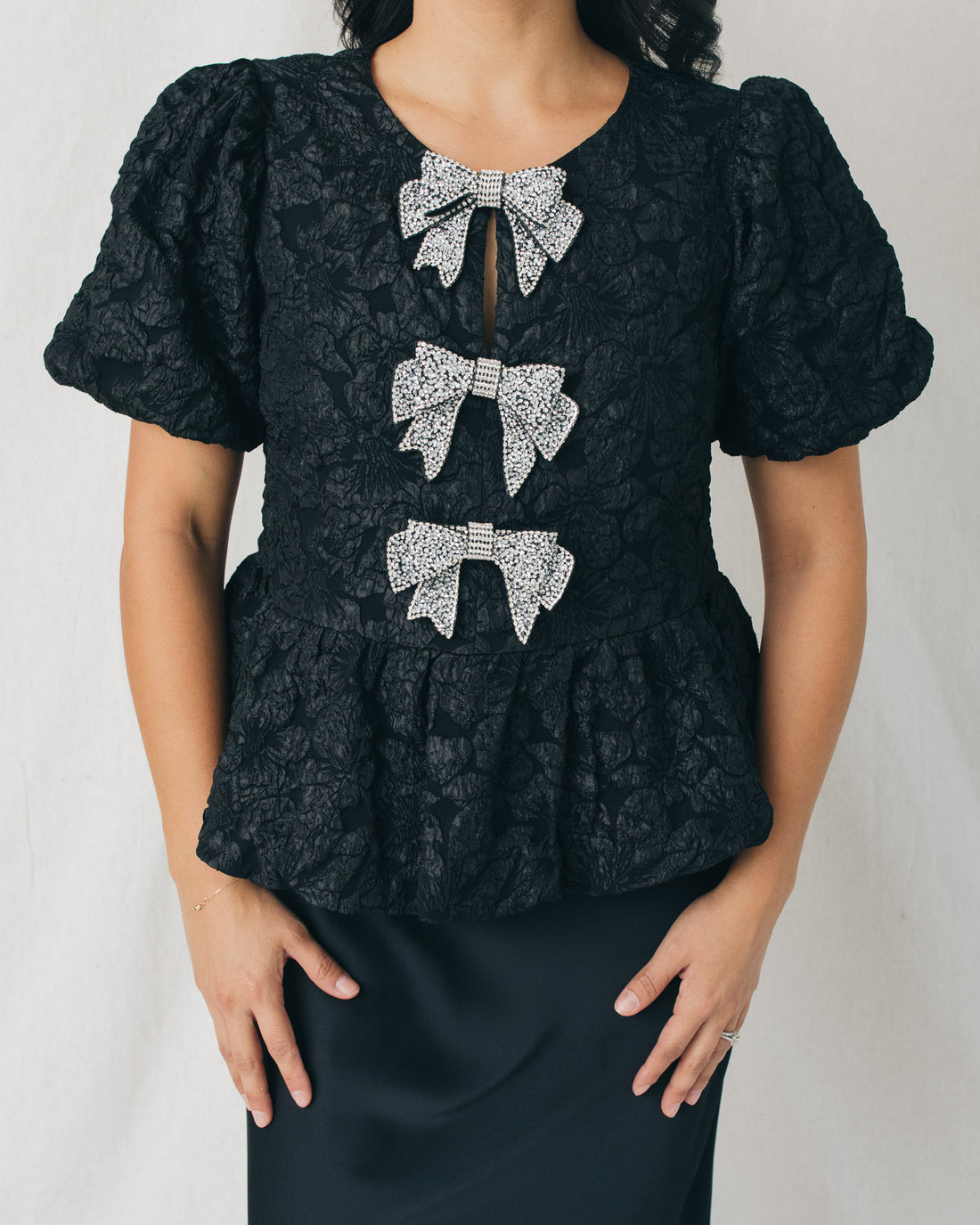 Arielle Jacquard Front Bow Peplum Top