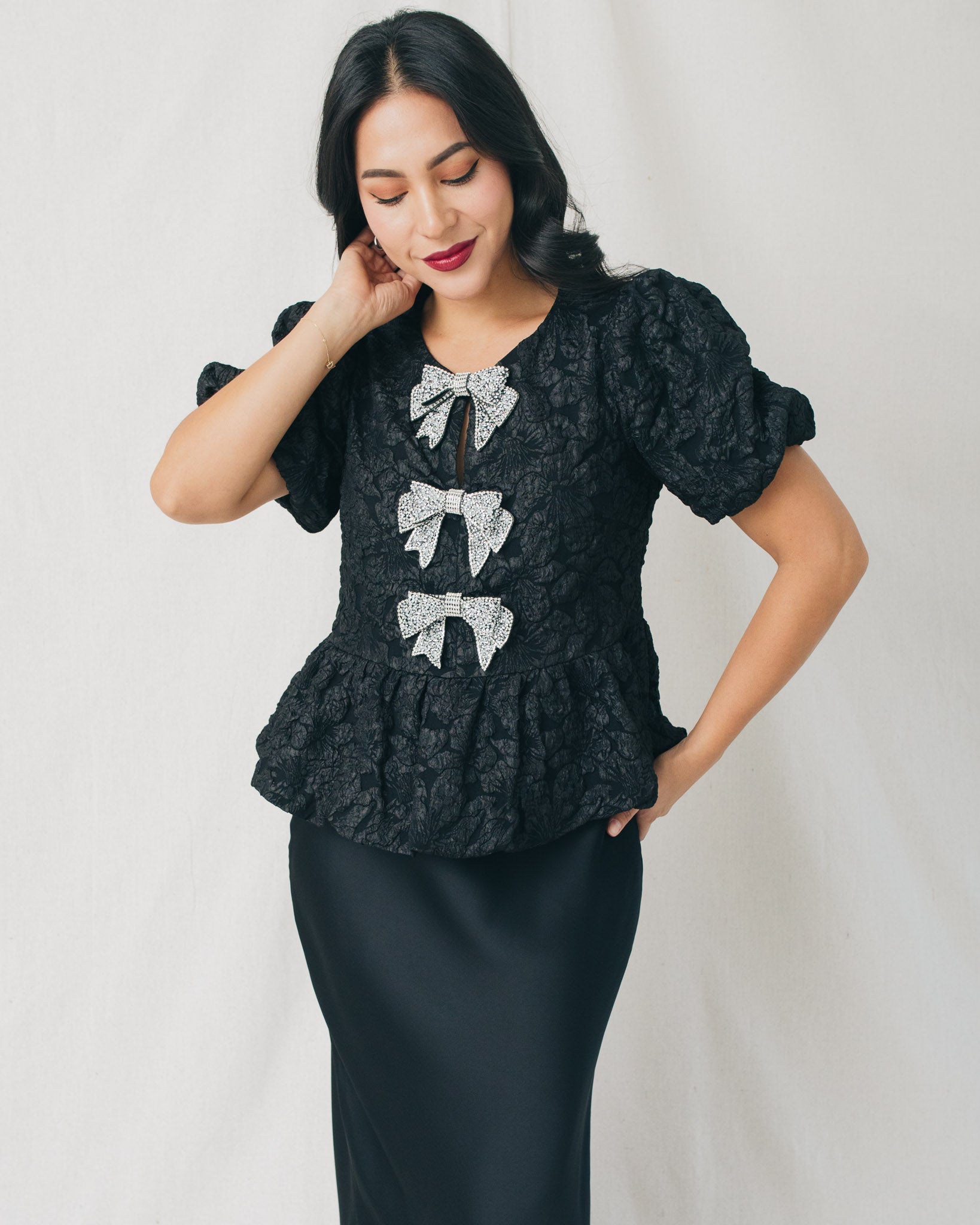 Arielle Jacquard Front Bow Peplum Top – Maven Womenswear
