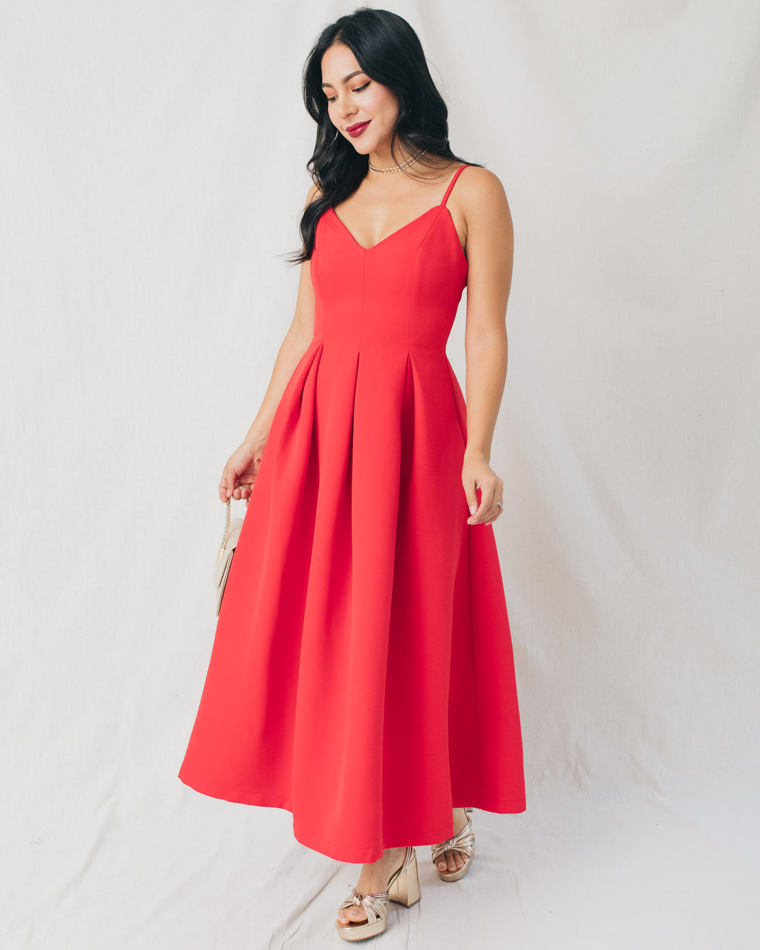 Joelle Solid V-Neck Pleated Flared Midi Dress