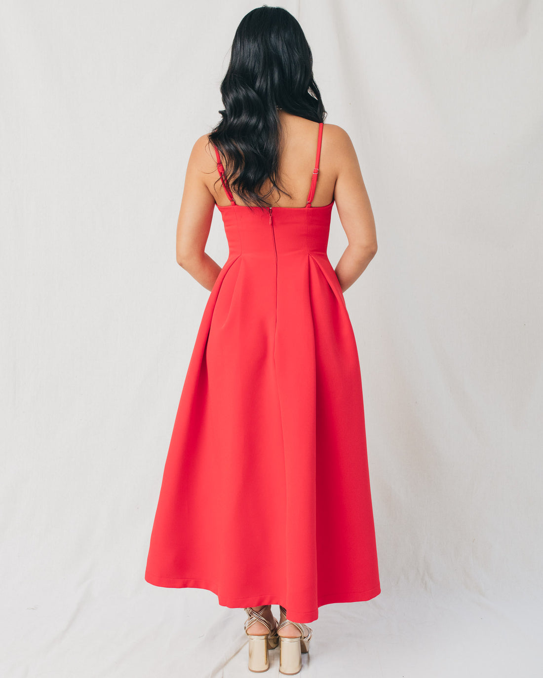 Joelle Solid V-Neck Pleated Flared Midi Dress