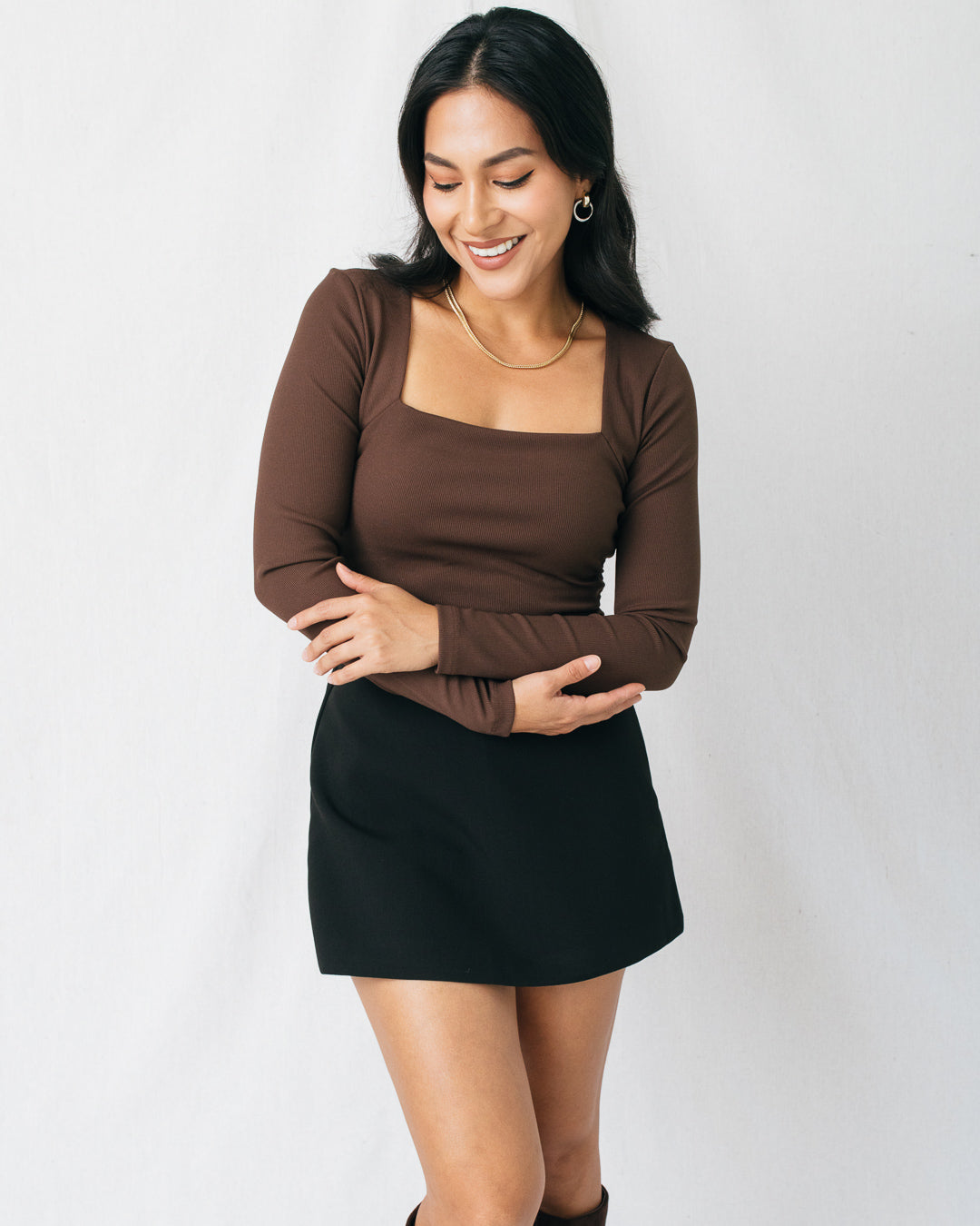 Adeline Square Neck Ruched Sides Knit Top