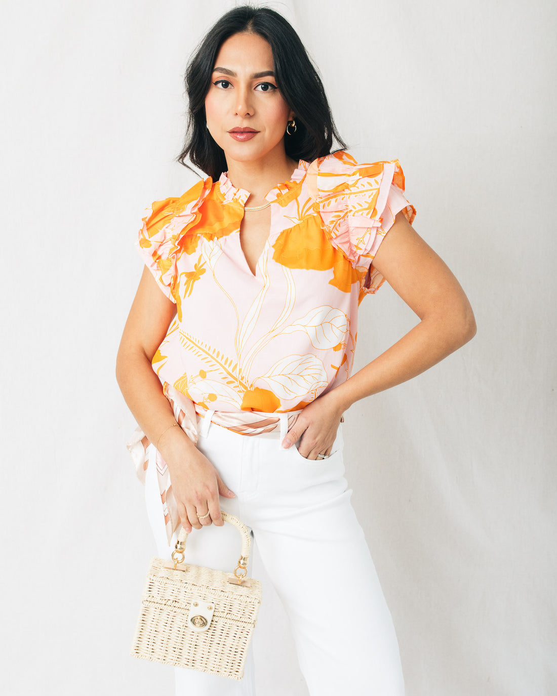 Lenira Floral Ruffle Split Neck Top