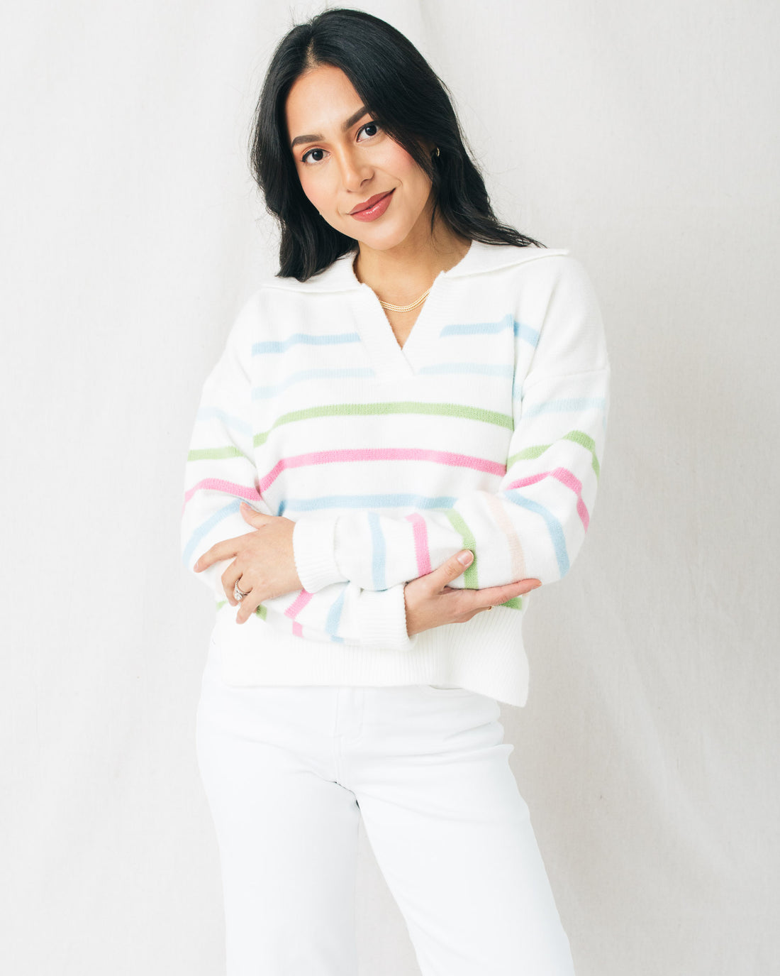 Maia Multi-Color Striped Pullover W/ Collar