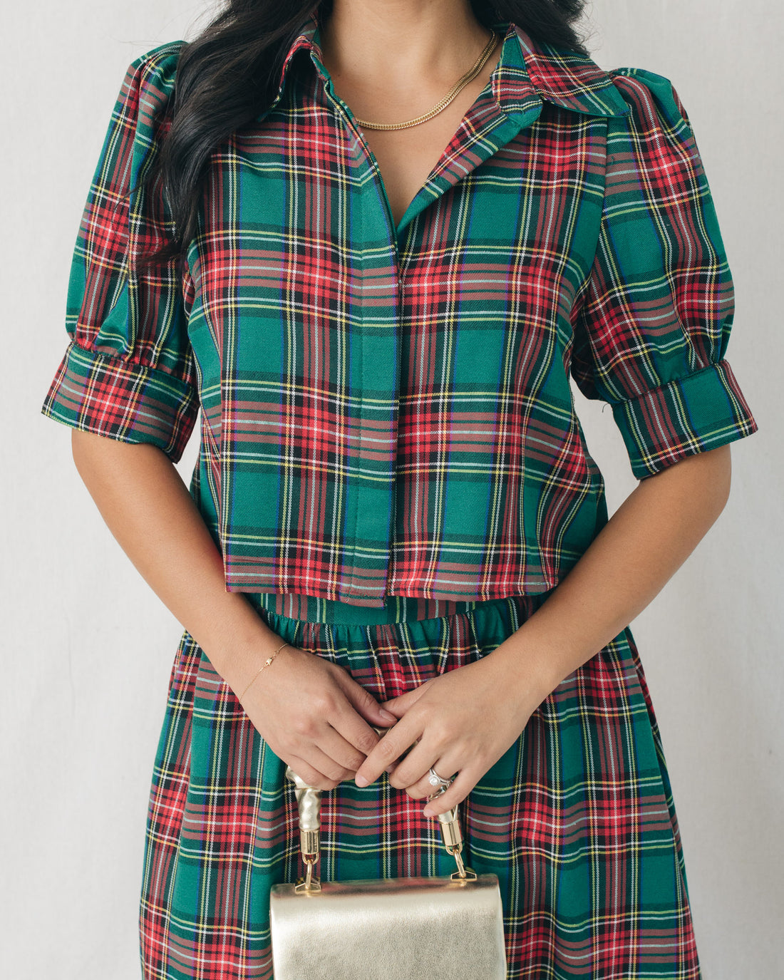 Holly Plaid 3/4 Sleeve Buttoned Crop Top