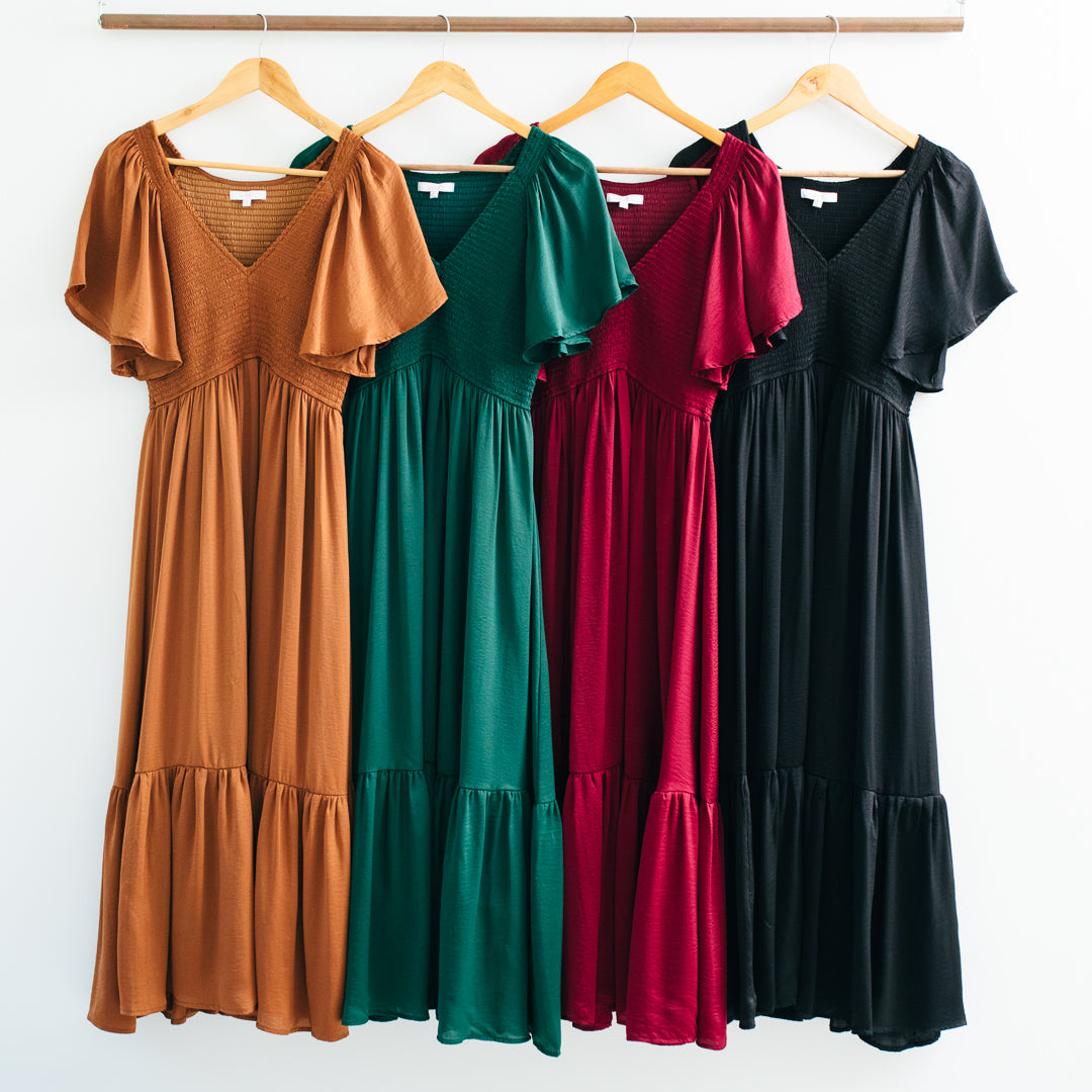 Belinda Smocked Waist Satin Midi Dress