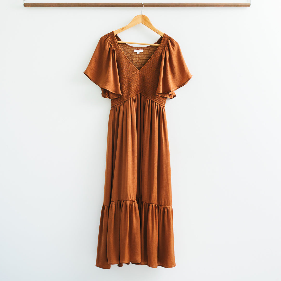 Belinda Smocked Waist Satin Midi Dress