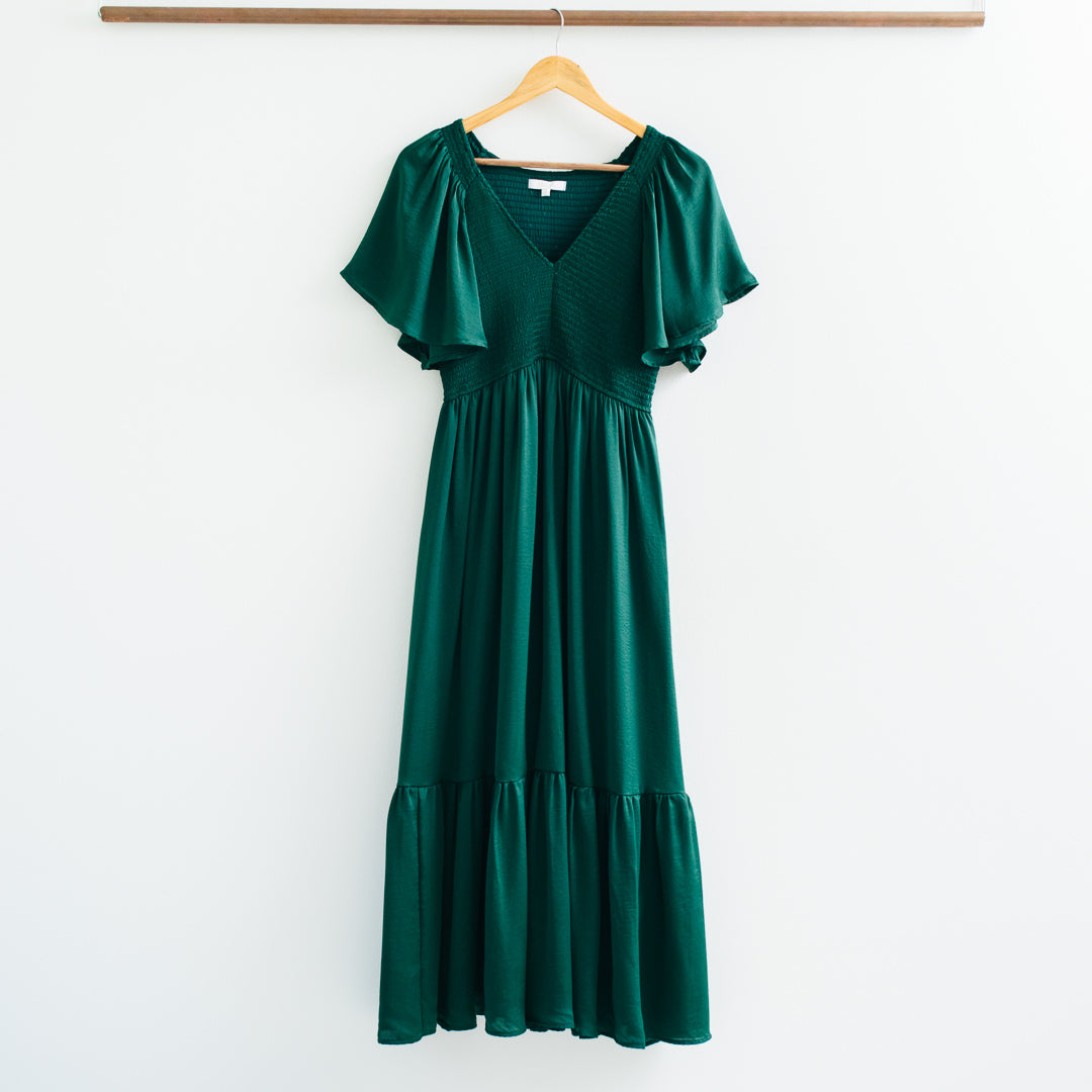 Belinda Smocked Waist Satin Midi Dress