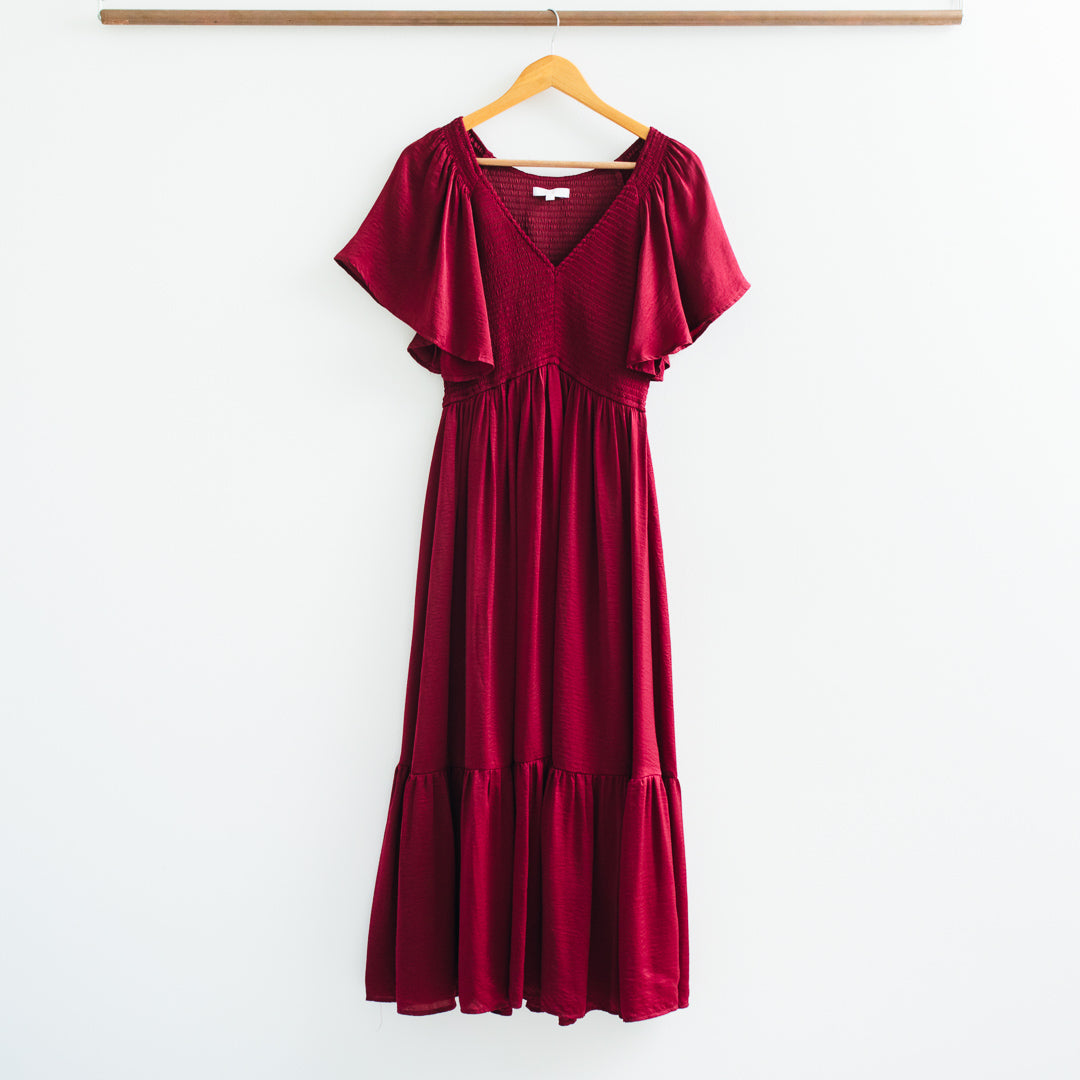 Belinda Smocked Waist Satin Midi Dress
