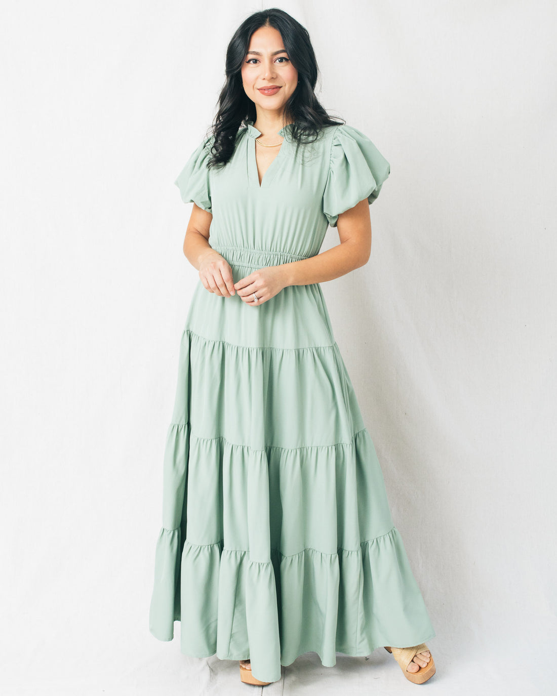 Soraya V-Neck Puff Sleeves Tiered Maxi Dress