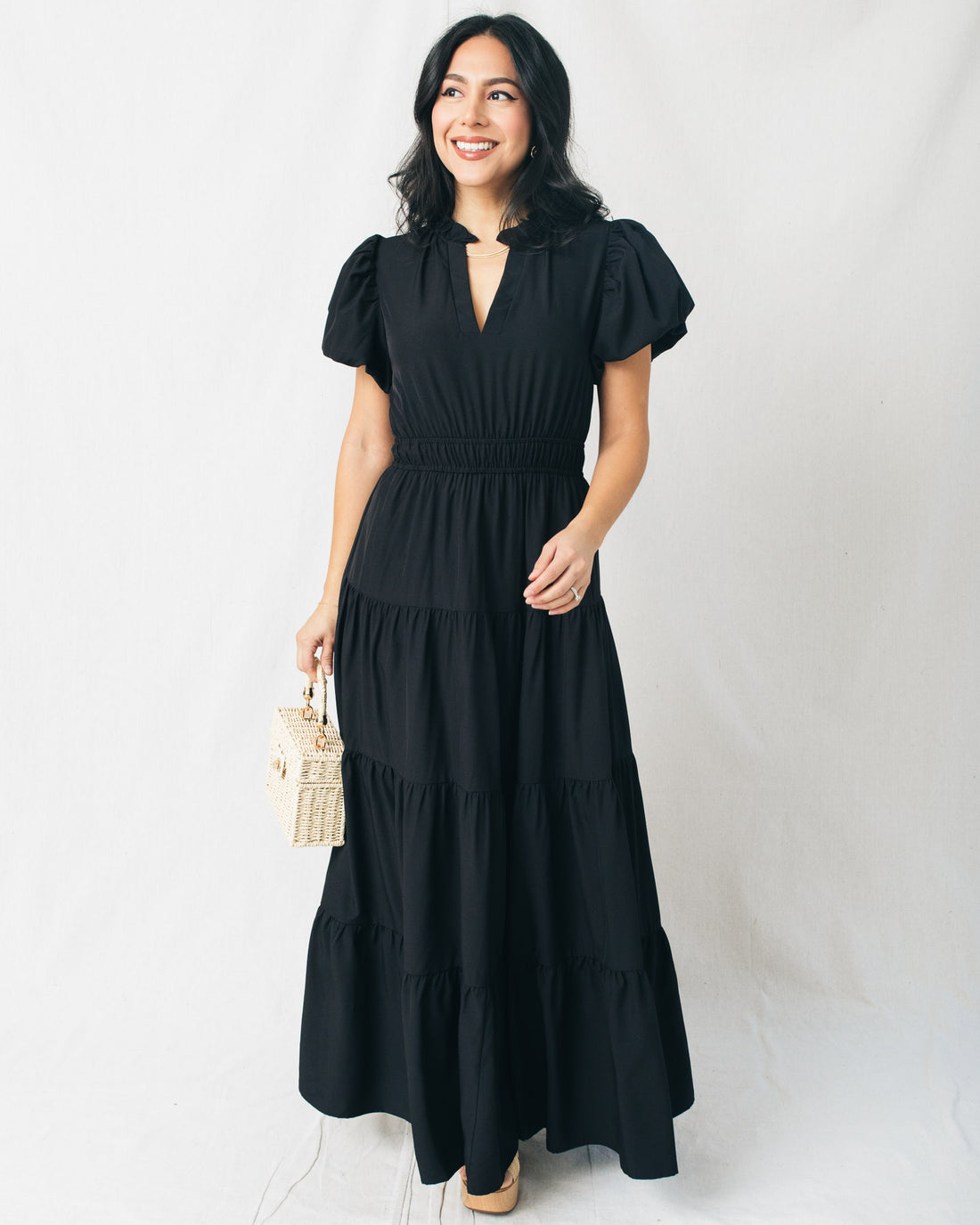 Soraya V-Neck Puff Sleeves Tiered Maxi Dress