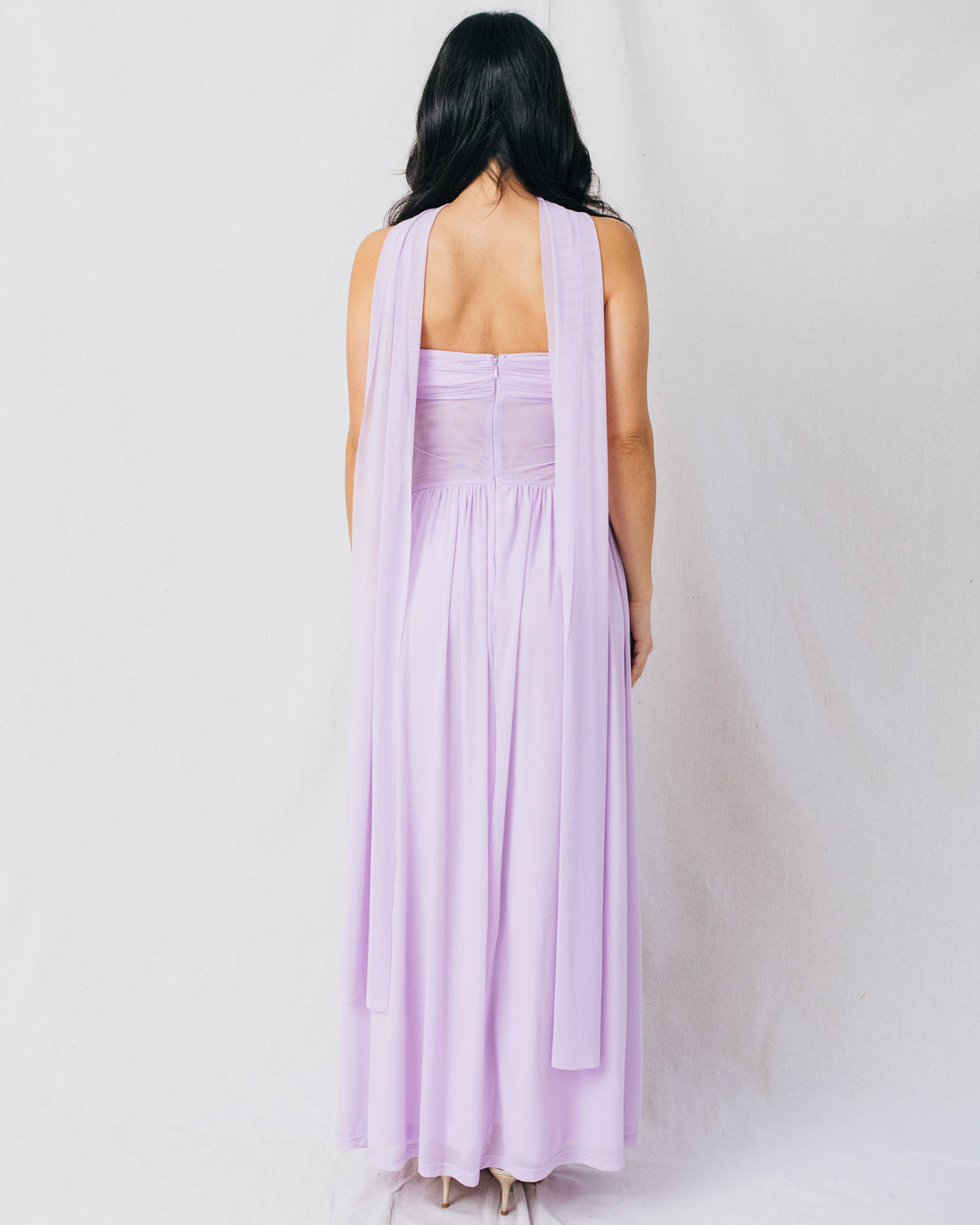 Katie Sweetheart Neckline Scarf Mesh Maxi Dress