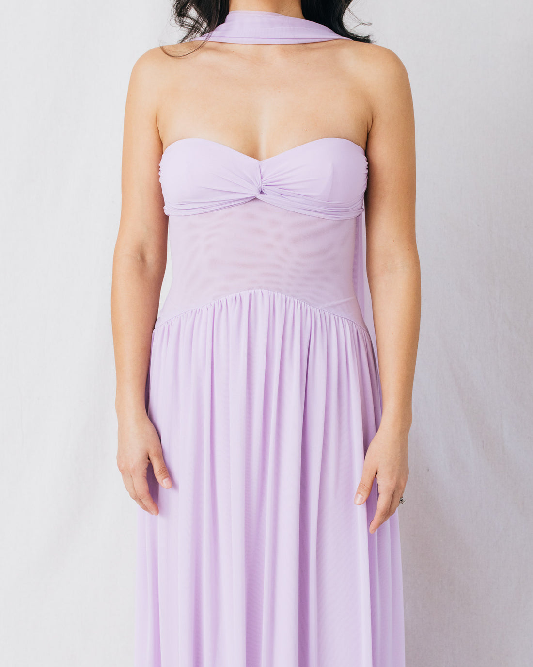 Katie Sweetheart Neckline Scarf Mesh Maxi Dress