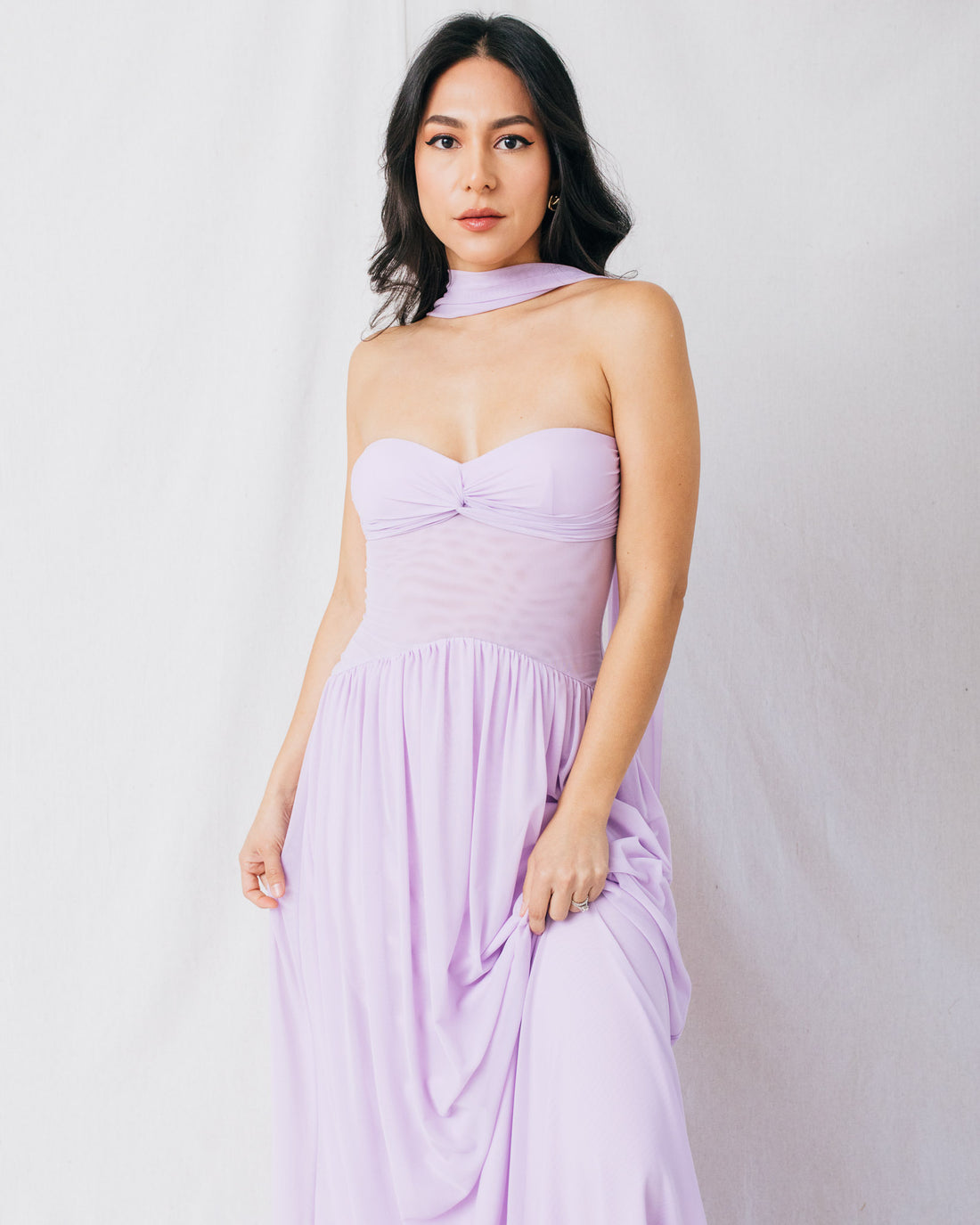 Katie Sweetheart Neckline Scarf Mesh Maxi Dress