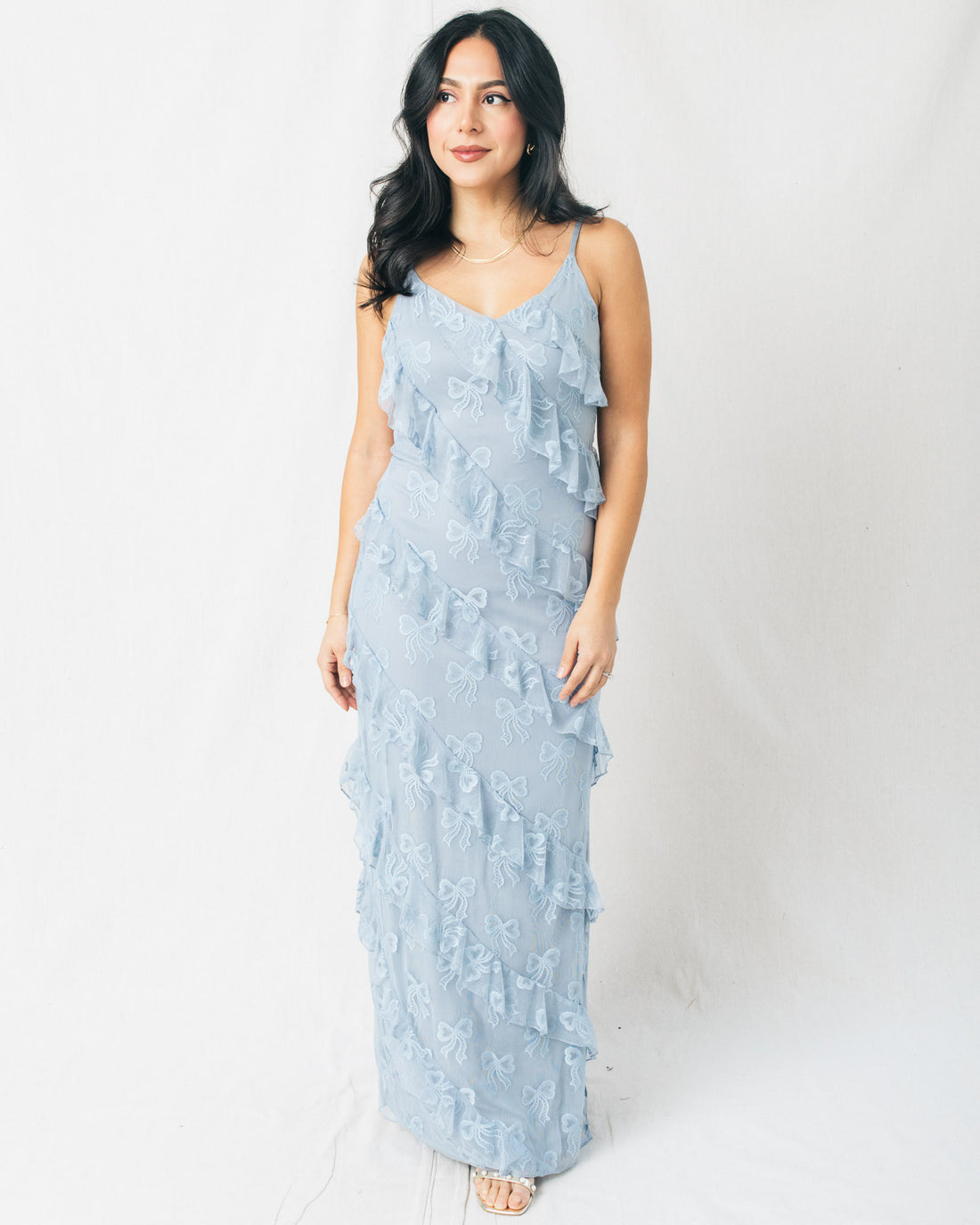 Jillz Bow Mesh Asymmetrical Tiered Ruffled Maxi Dress