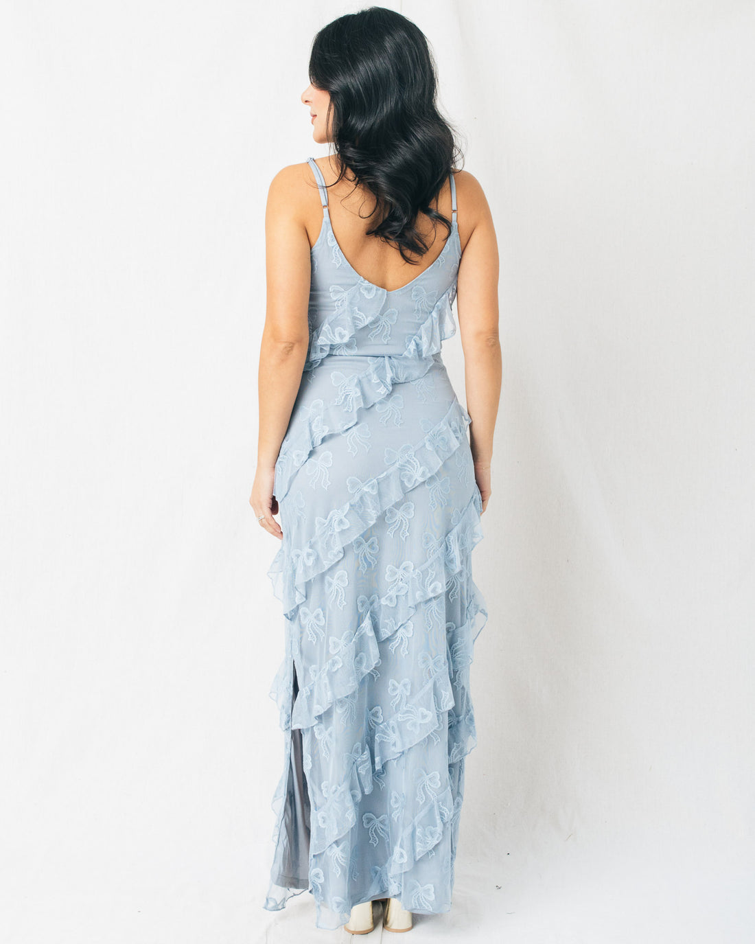 Jillz Bow Mesh Asymmetrical Tiered Ruffled Maxi Dress