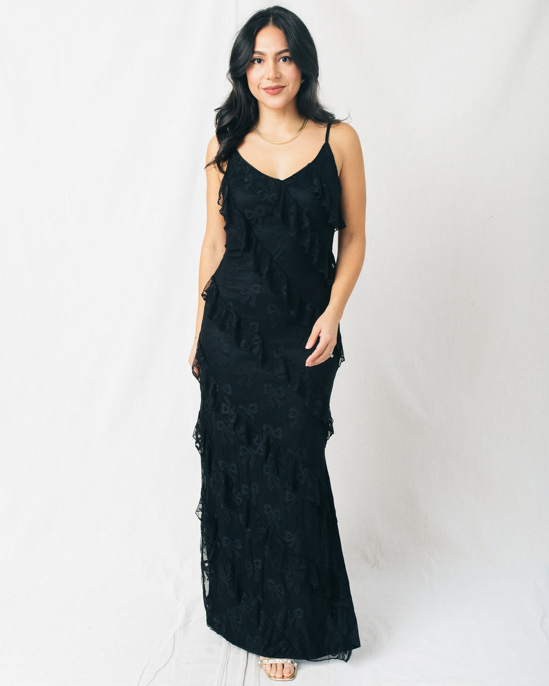 Jillz Bow Mesh Asymmetrical Tiered Ruffled Maxi Dress