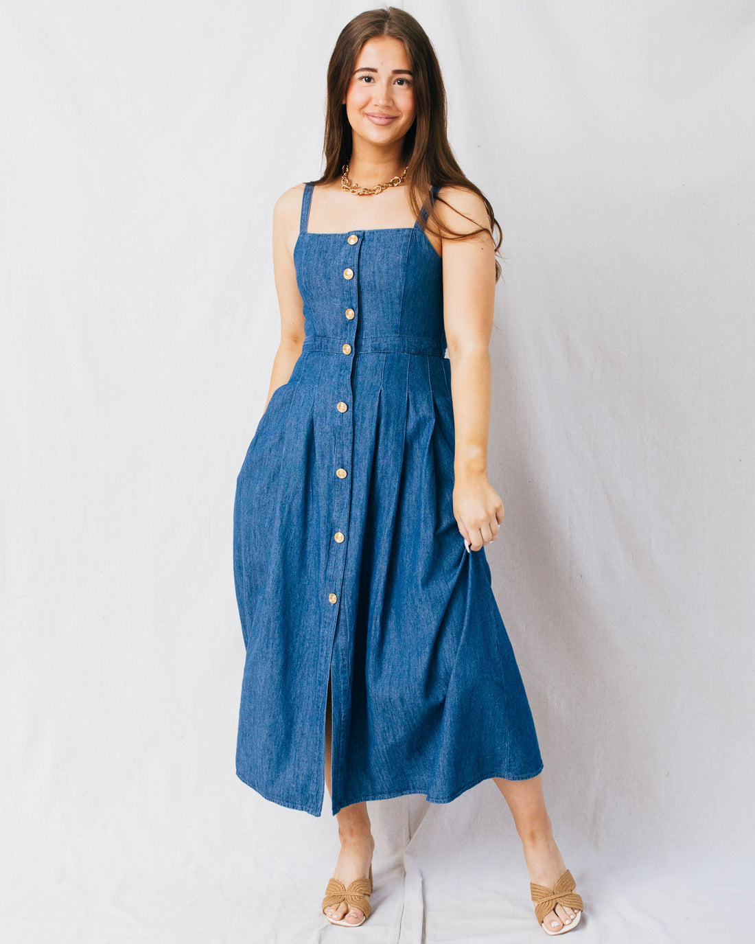 Jolene Square Neckline Button Down Denim Midi Dress