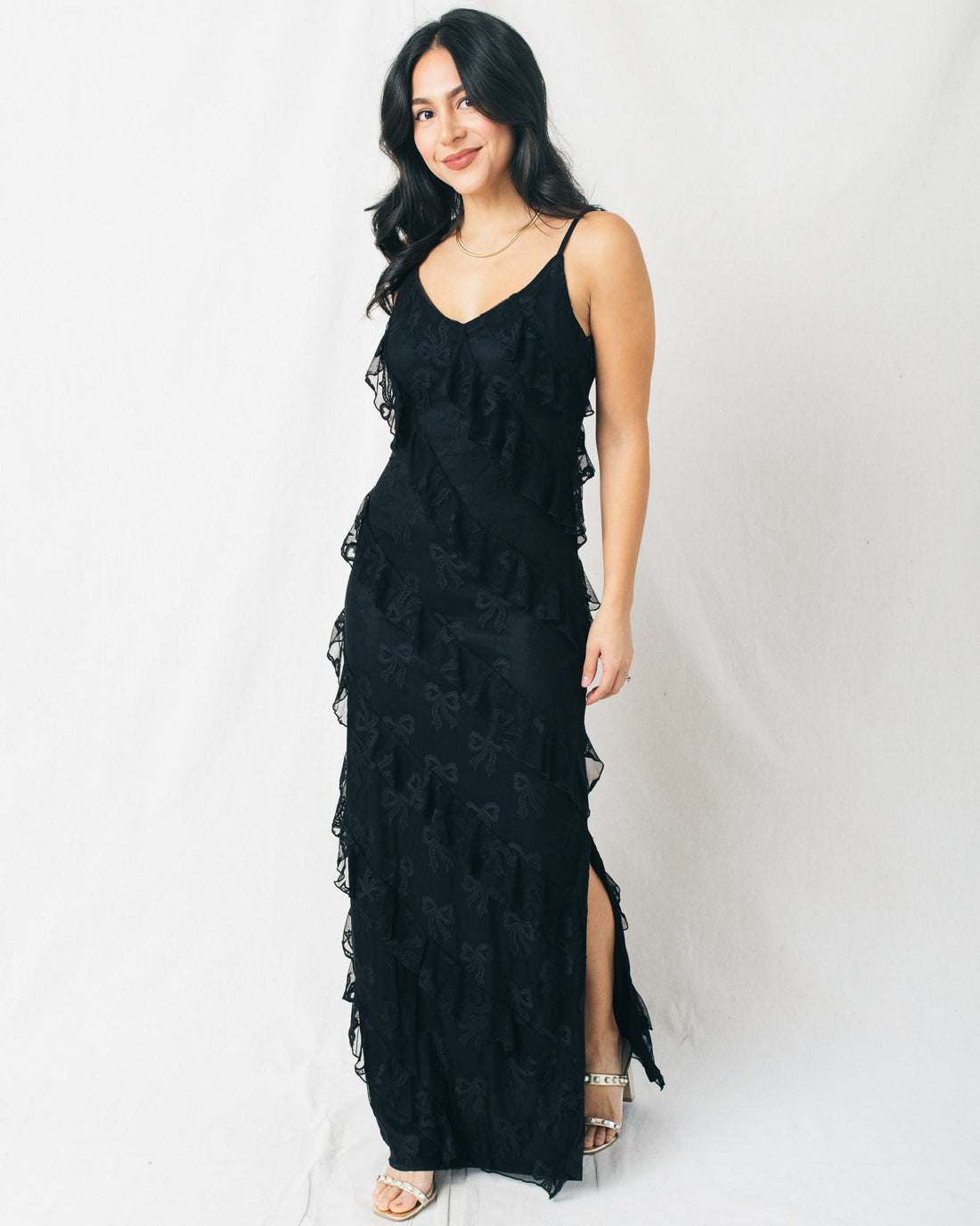 Jillz Bow Mesh Asymmetrical Tiered Ruffled Maxi Dress