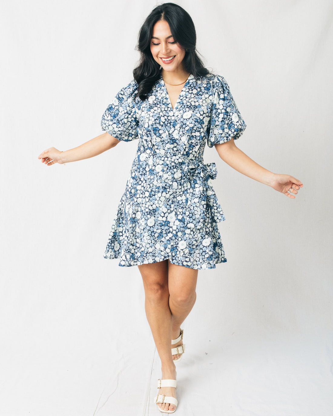 Field Daisies Puff Sleeve Mini Wrap Dress