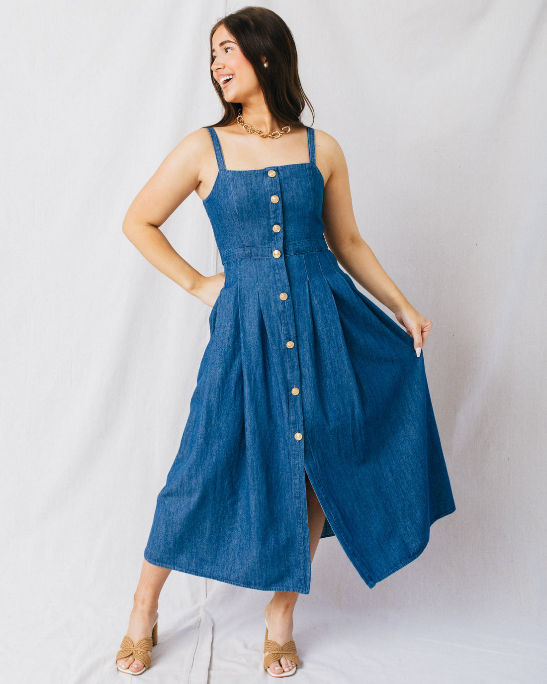 Jolene Square Neckline Button Down Denim Midi Dress