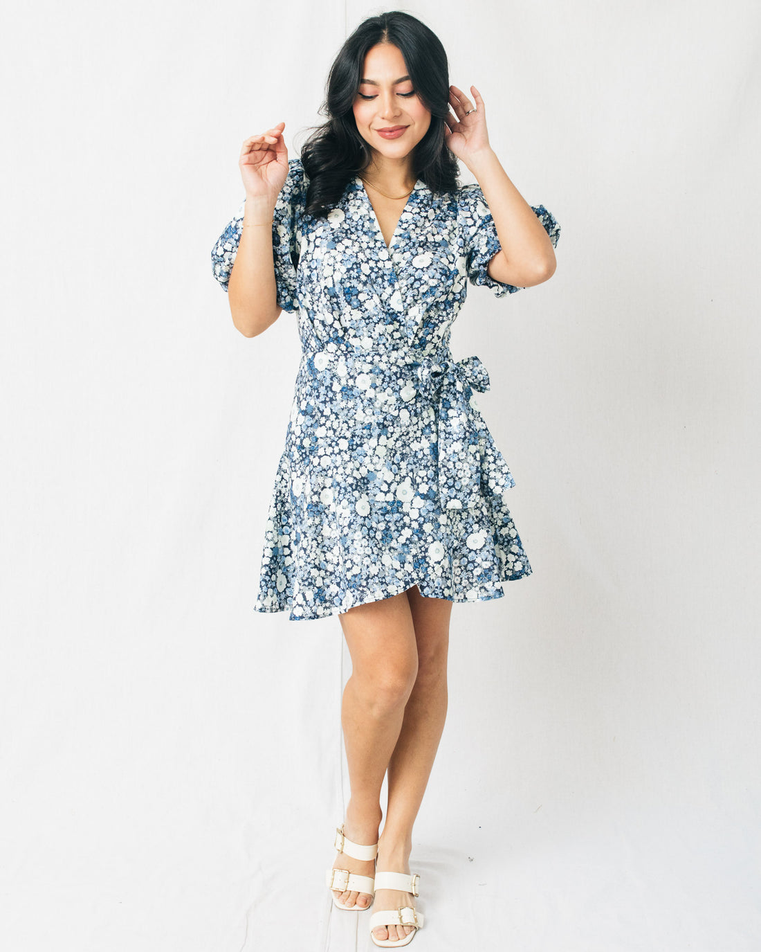 Field Daisies Puff Sleeve Mini Wrap Dress