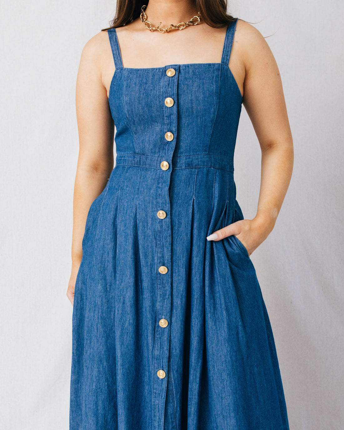 Jolene Square Neckline Button Down Denim Midi Dress