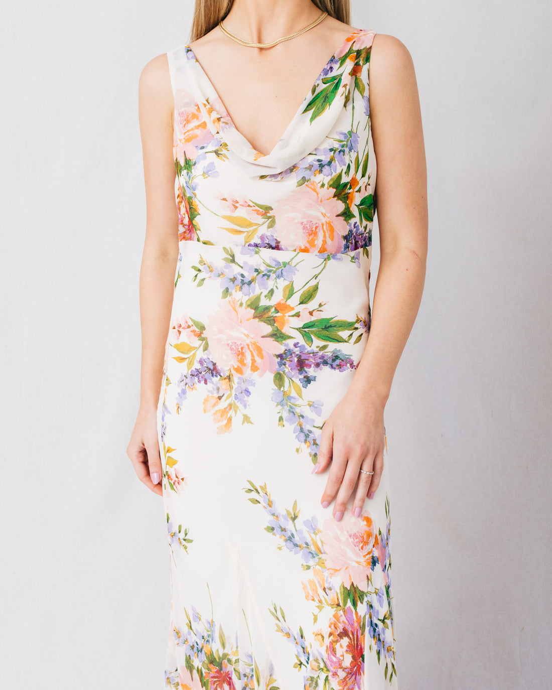 Delicate Affair Cowl Neck Godet Floral Maxi Dress