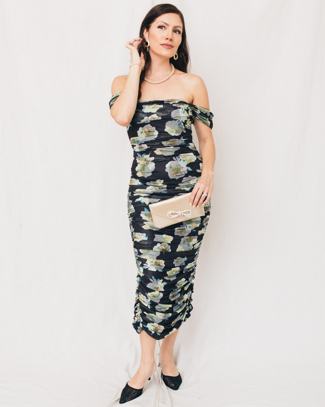 Reeva Floral Mesh Off Shoulder Ruched Midi Dress