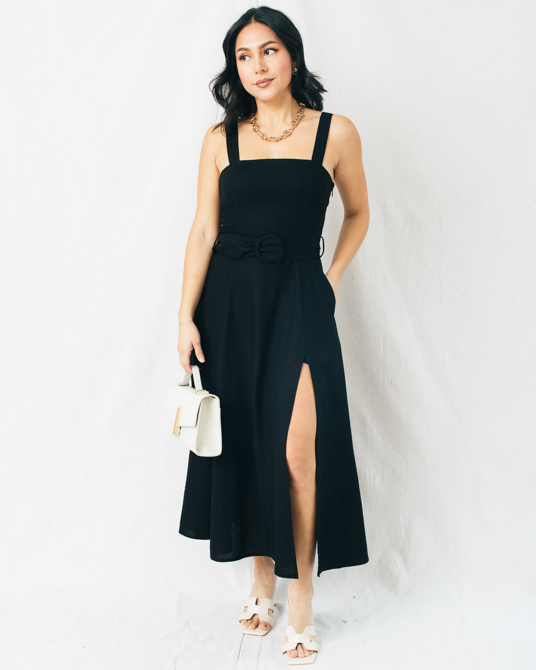 Loving Fate Square Neck Buckle Midi Dress