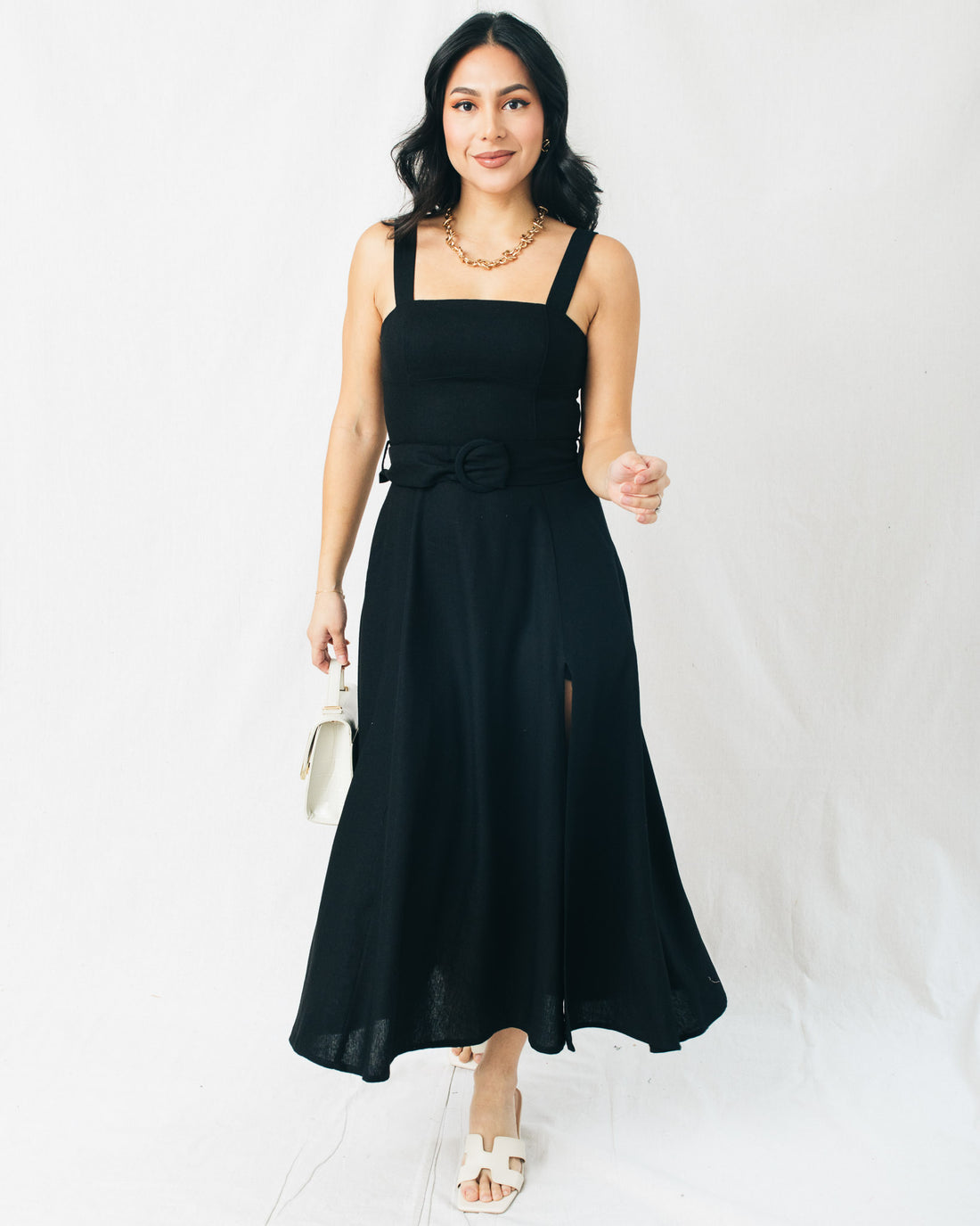 Loving Fate Square Neck Buckle Midi Dress