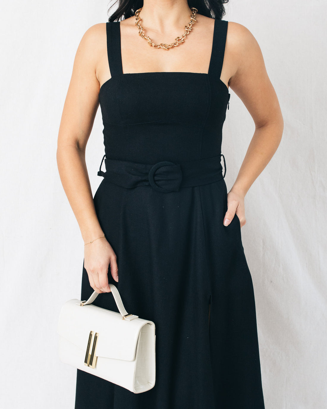 Loving Fate Square Neck Buckle Midi Dress