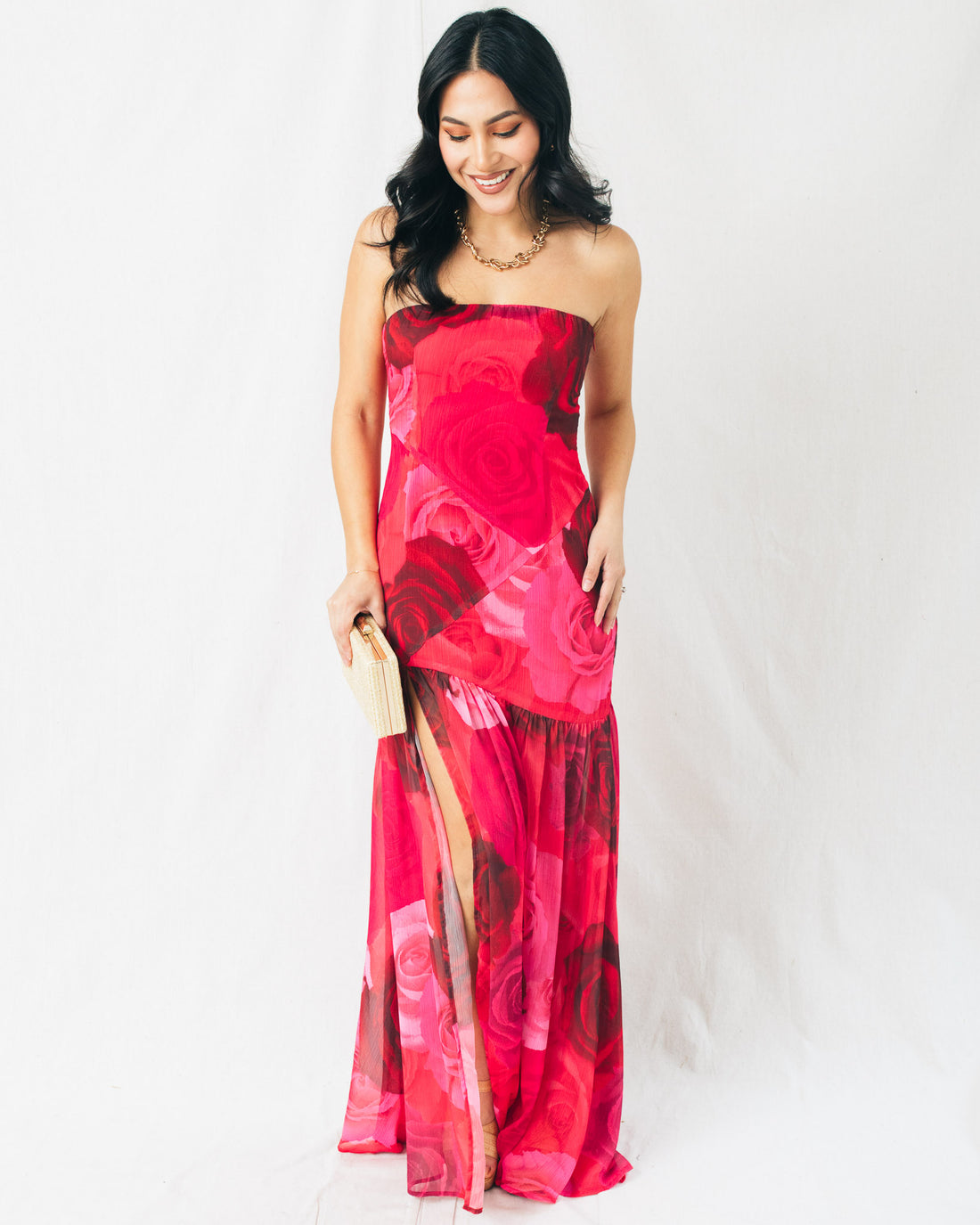 Rose Love Strapless Drop-Waist Maxi Dress