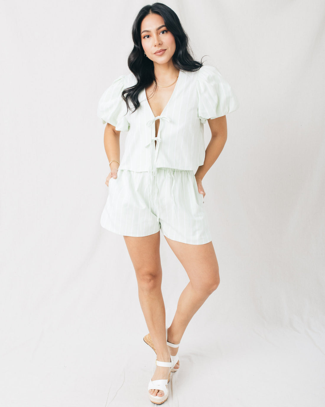 Marie Stripe Puff Sleeve Bow Tied Blouse