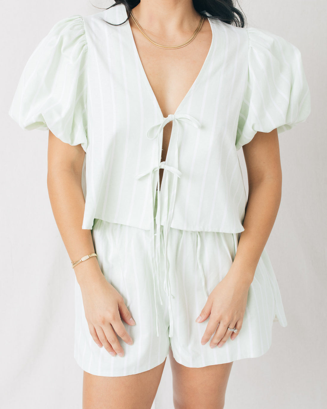 Marie Stripe Puff Sleeve Bow Tied Blouse
