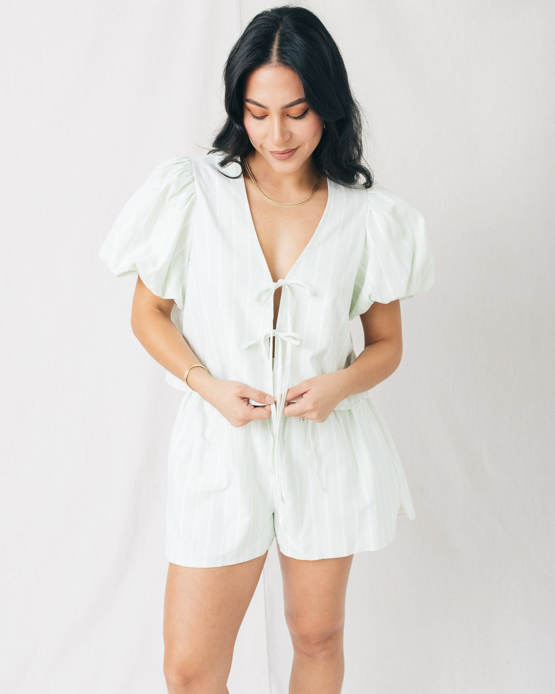 Marie Stripe Puff Sleeve Bow Tied Blouse