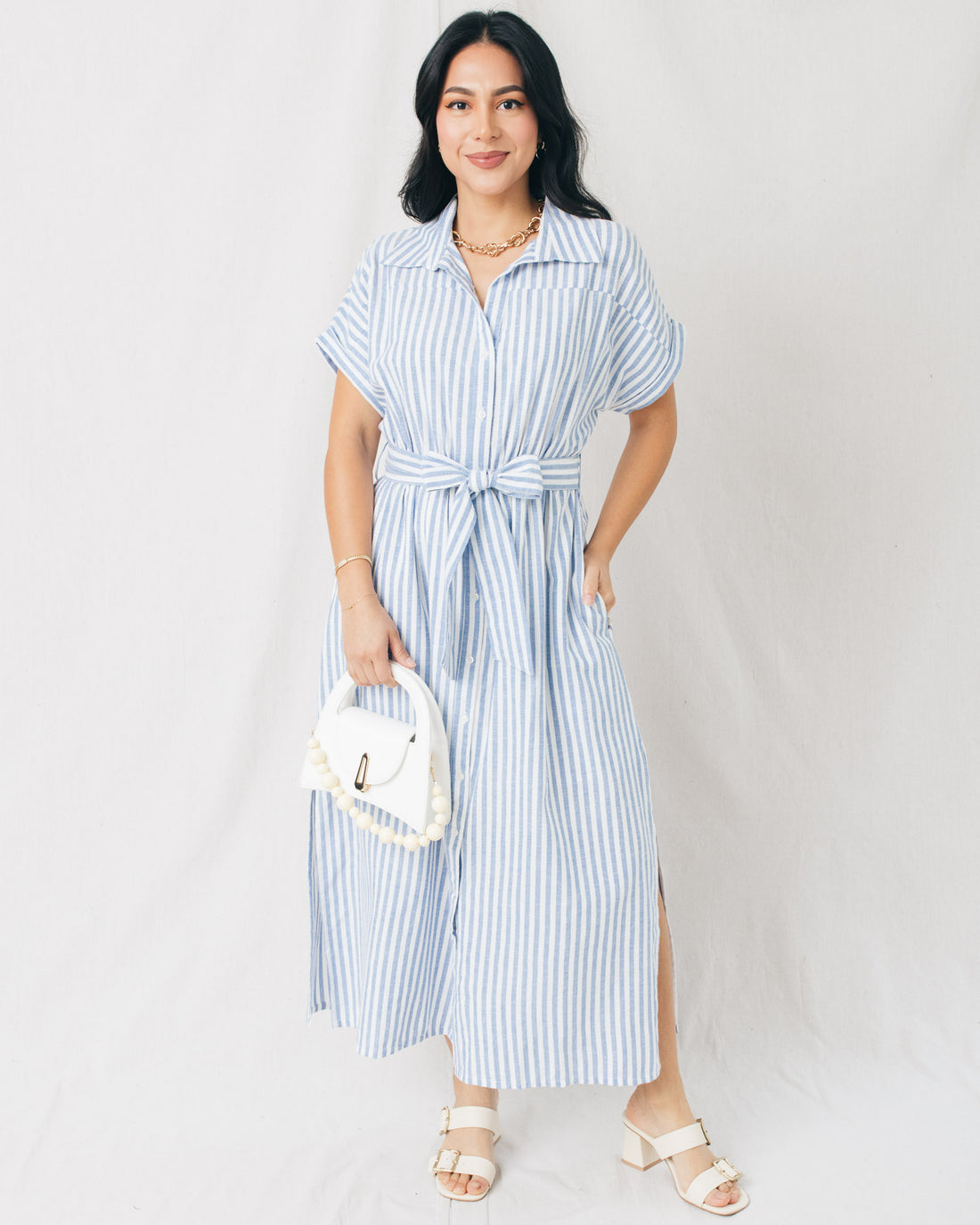 Alonsa Striped Button Down Midi Shirt Dress