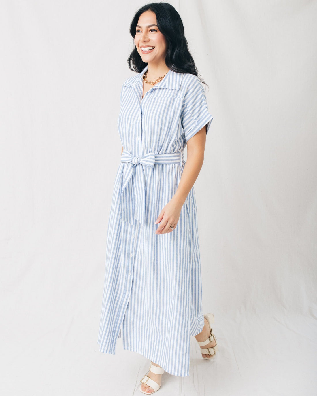 Alonsa Striped Button Down Midi Shirt Dress