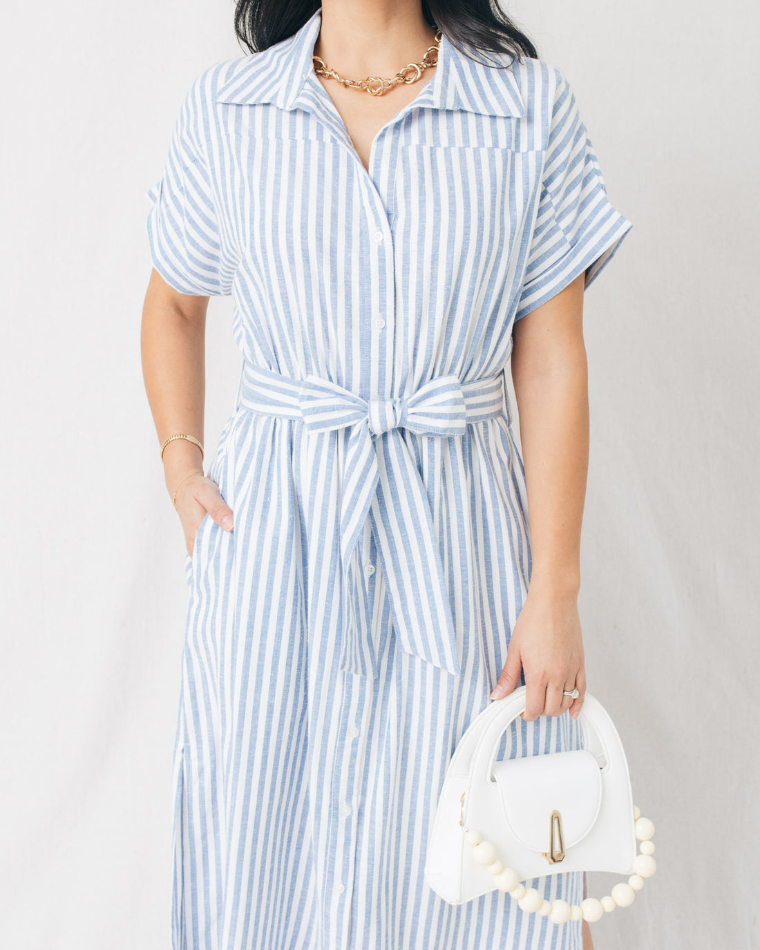 Alonsa Striped Button Down Midi Shirt Dress