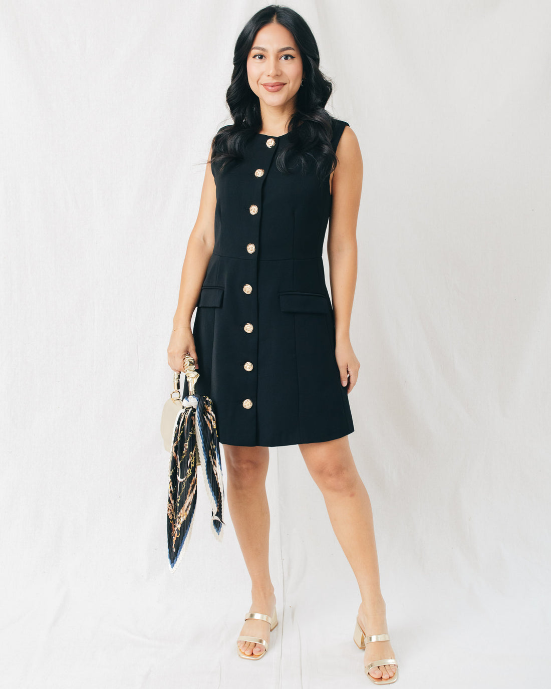 Maple Sleeveless Gold Buttoned Detail Mini Dress